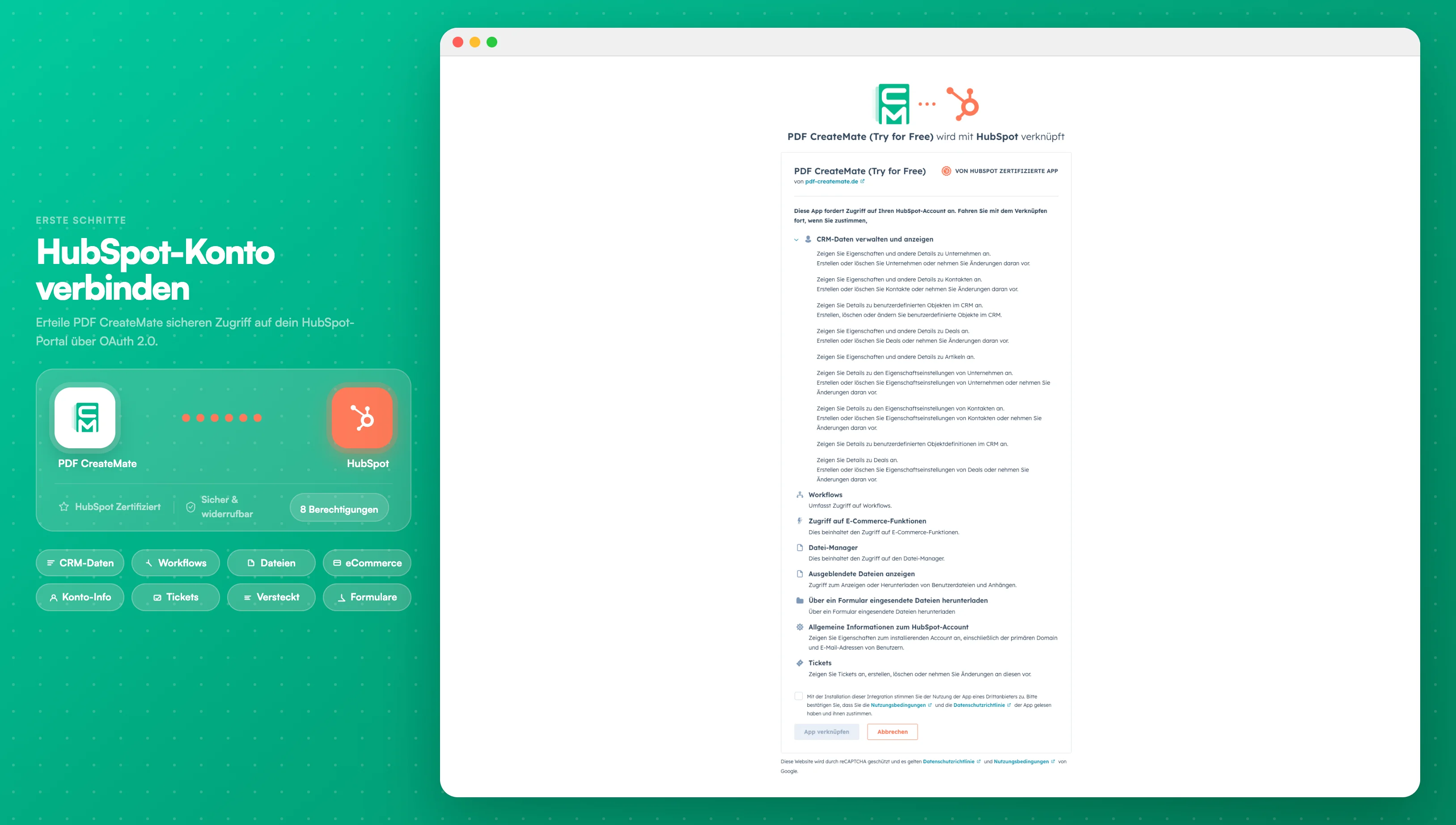 HubSpot App verbinden - Der Autorisierungsbildschirm in HubSpot zeigt die Liste der Berechtigungen, die PDF CreateMate benötigt