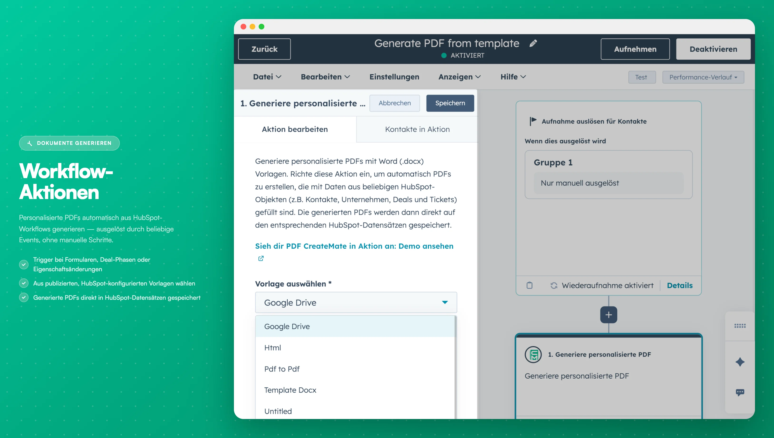 Benutzerdefinierte Workflow-Aktionen - HubSpot Workflow-Editor zeigt PDF CreateMate Aktions-Optionen