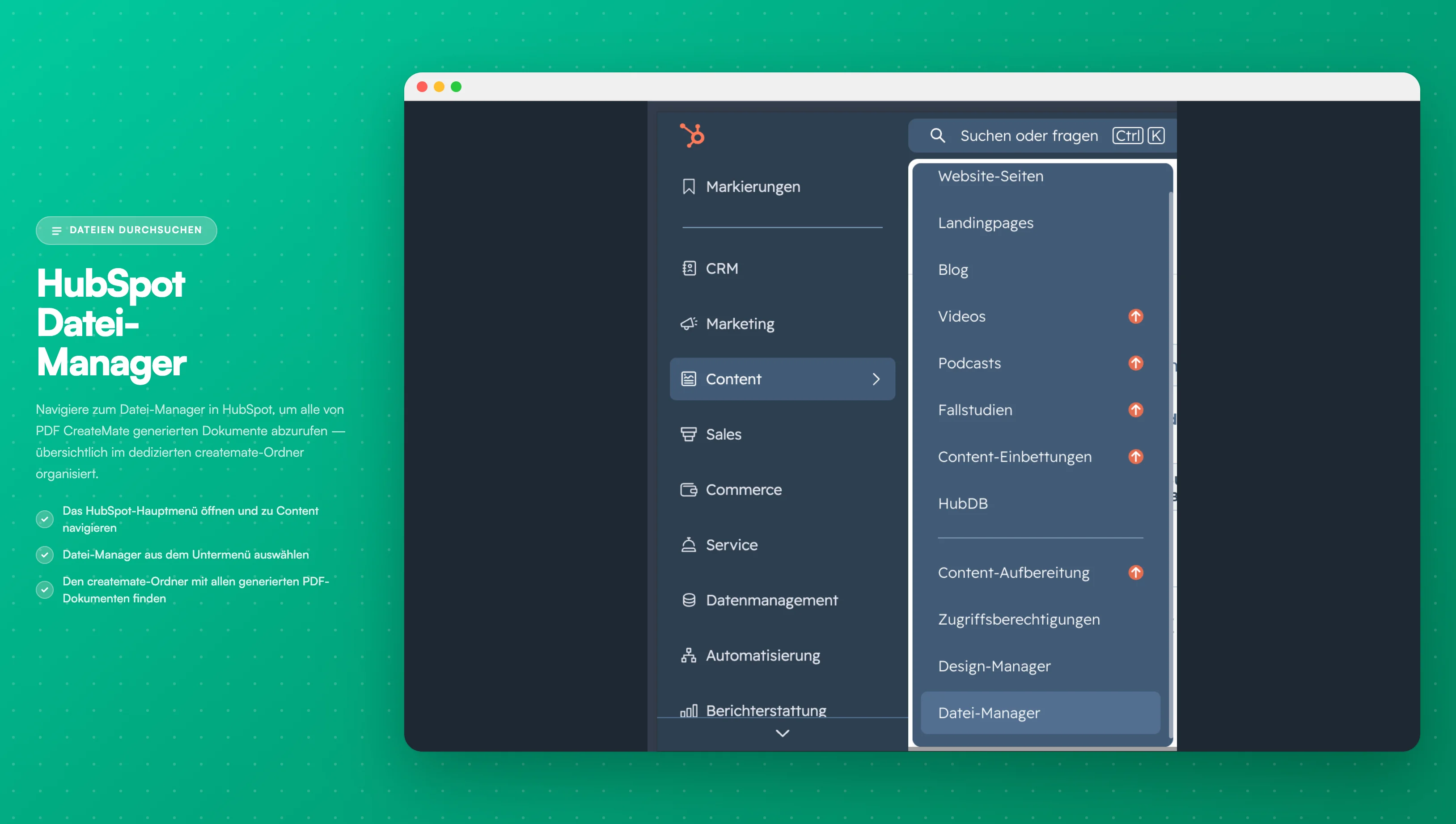 HubSpot-Dateinavigation - Das HubSpot-Hauptmenü mit der Option Dateien