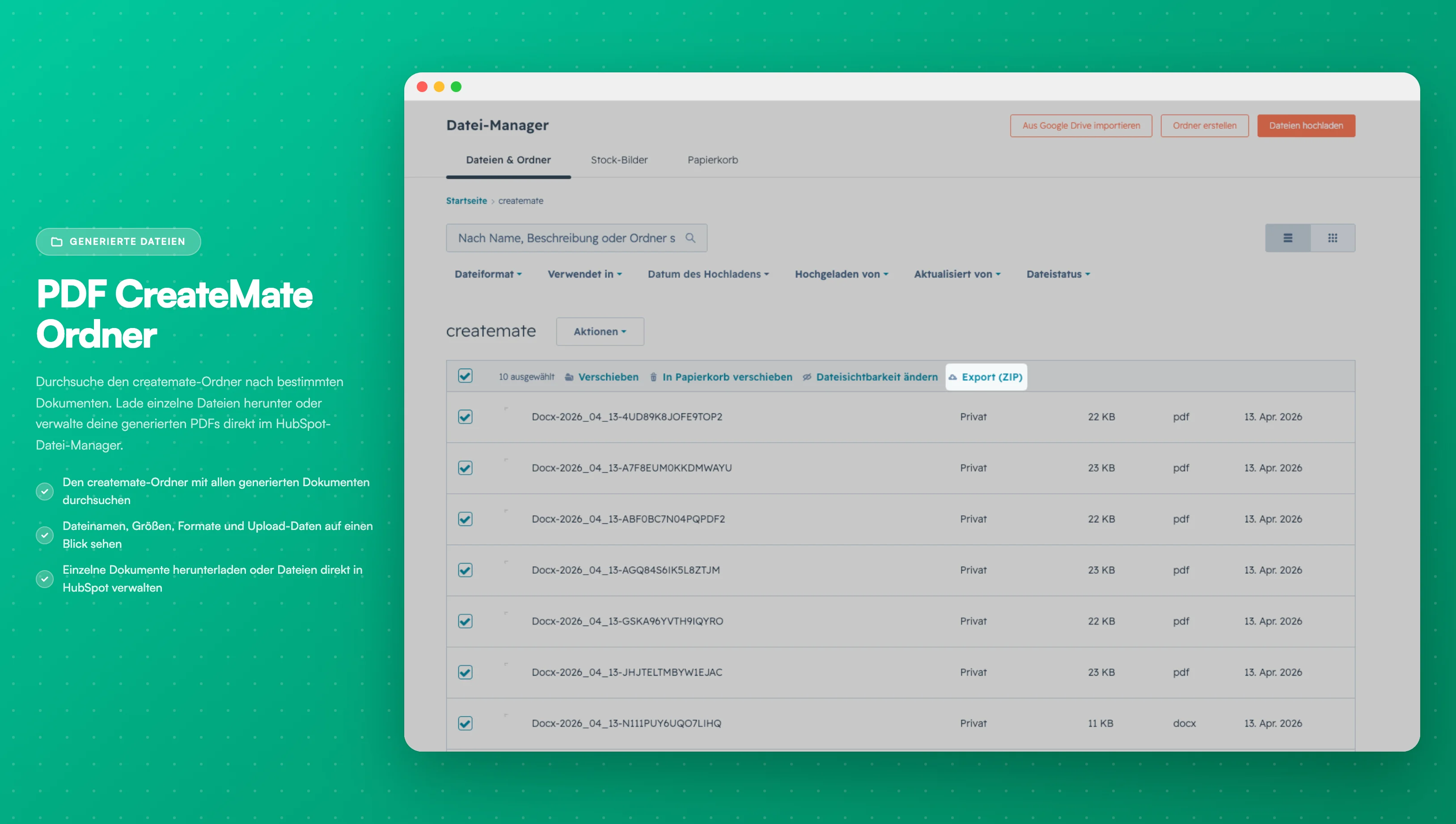 HubSpot-Dateiansicht - Der Dateimanager zeigt generierte Dokumente