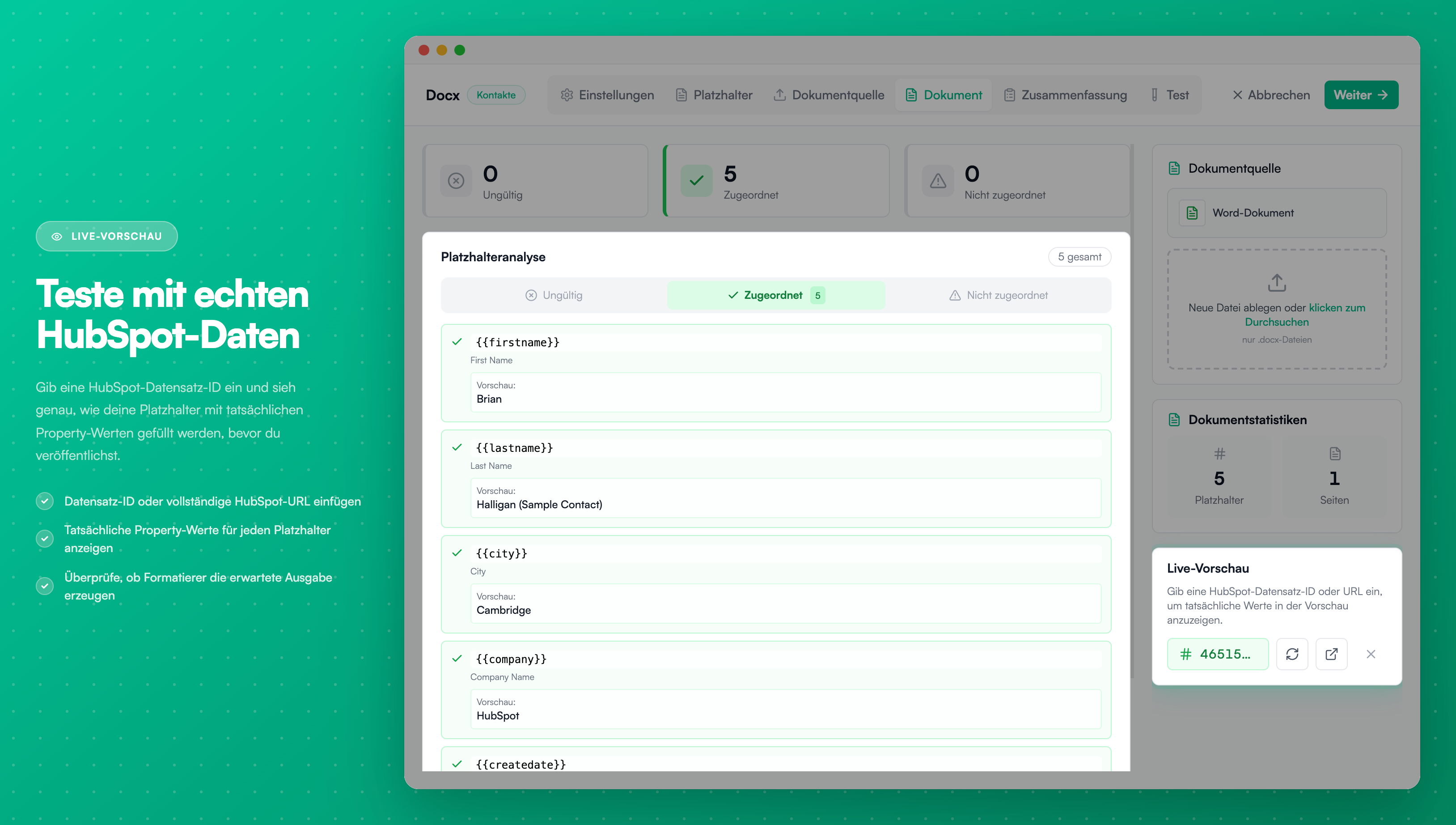 Live-Vorschau - Platzhalter mit echten HubSpot-Daten testen