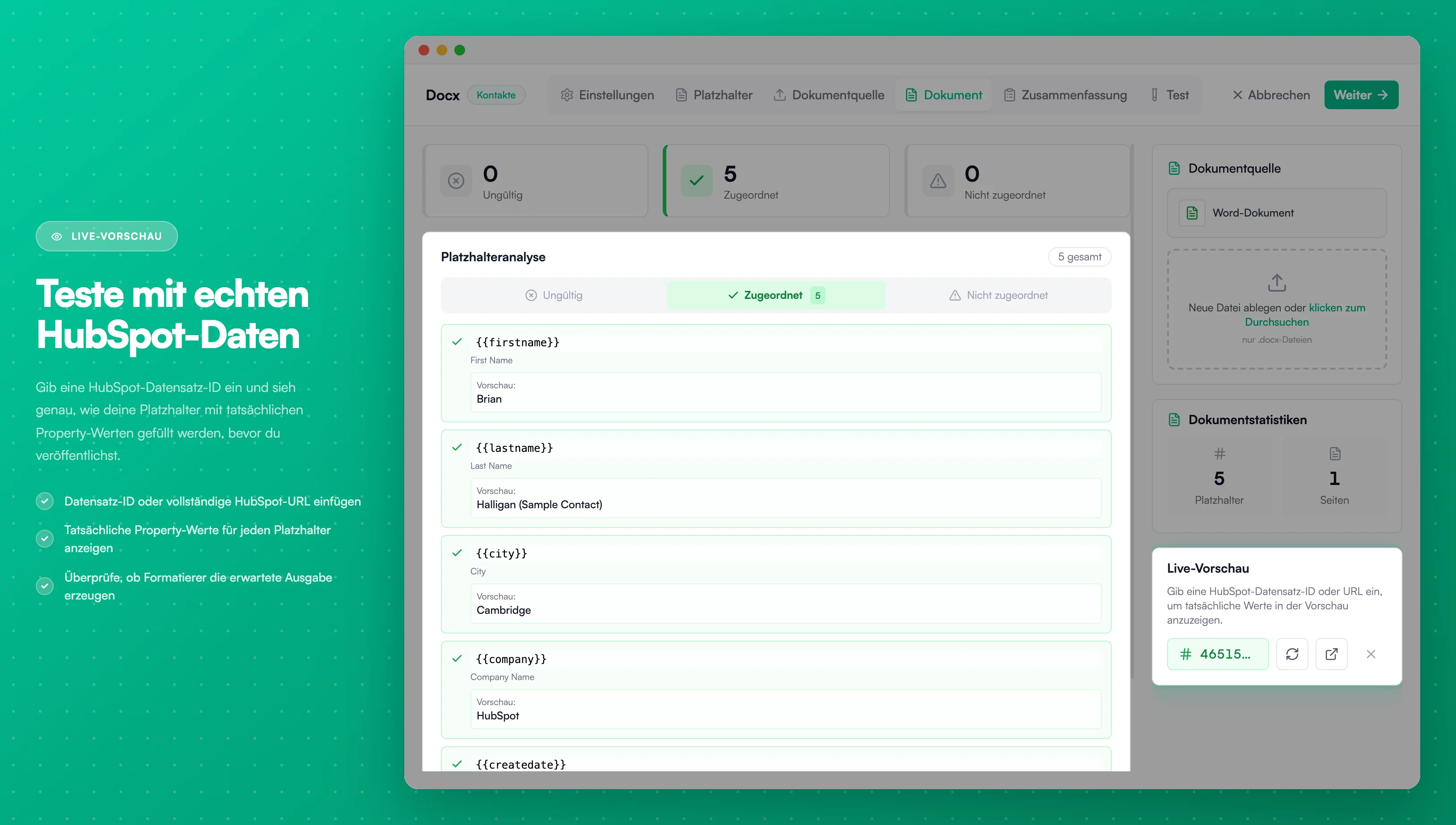 Live-Vorschau - Platzhalter mit echten HubSpot-Daten testen
