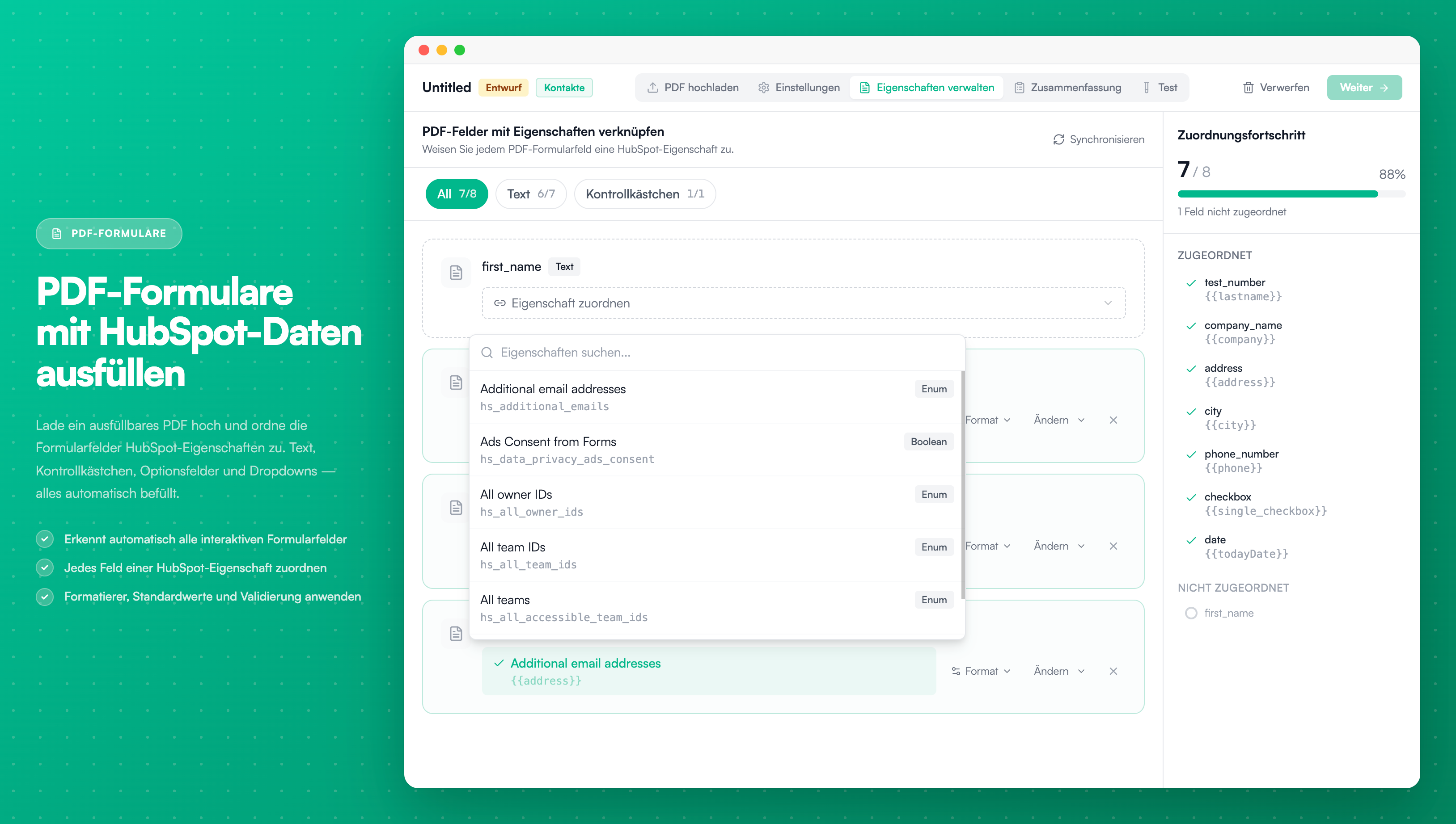 PDF-Formulare - PDF-Formularfelder HubSpot-Eigenschaften zuordnen