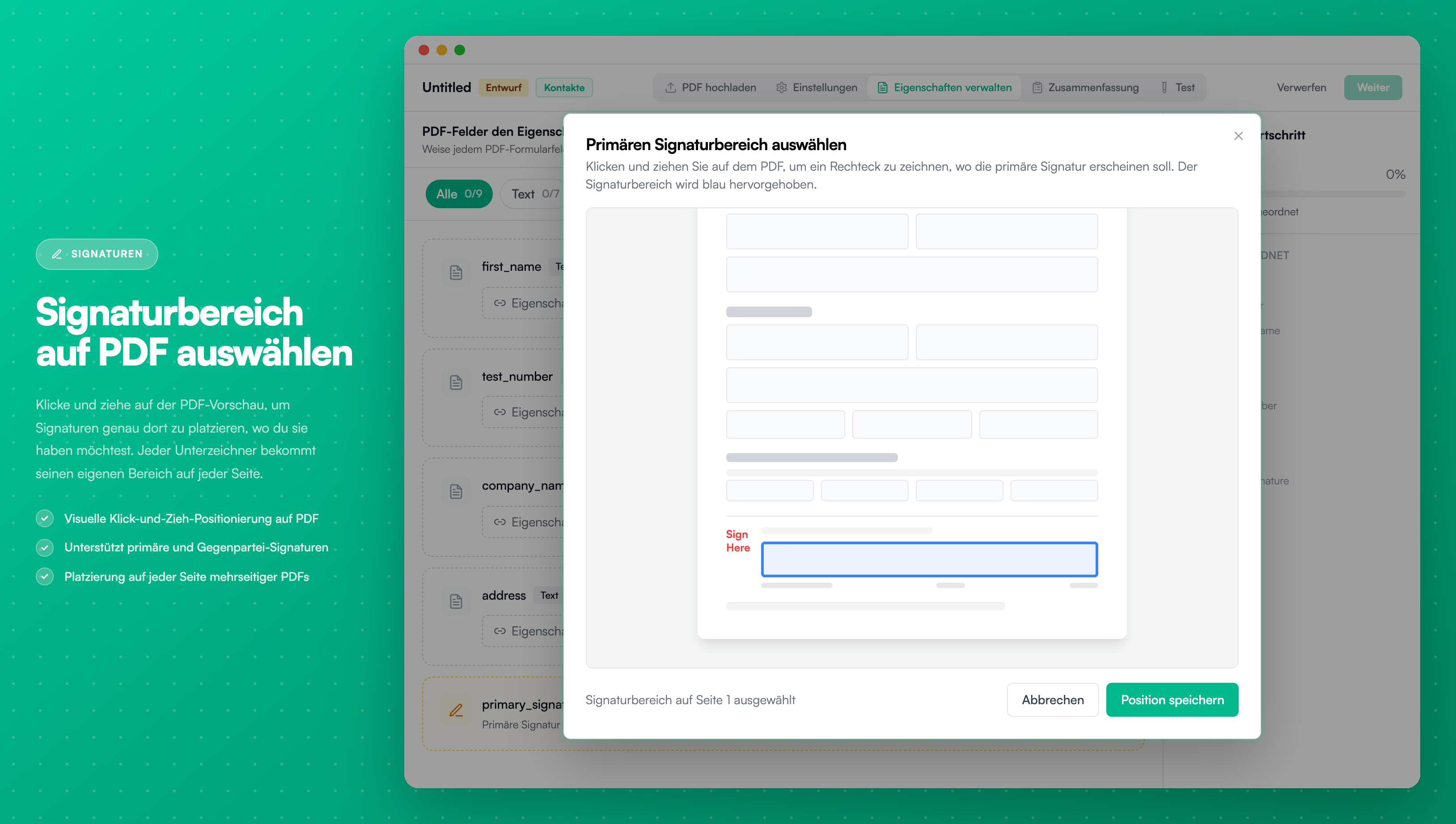 Signaturbereich auswählen - Klicken und ziehen zum Positionieren von Signaturen auf PDF