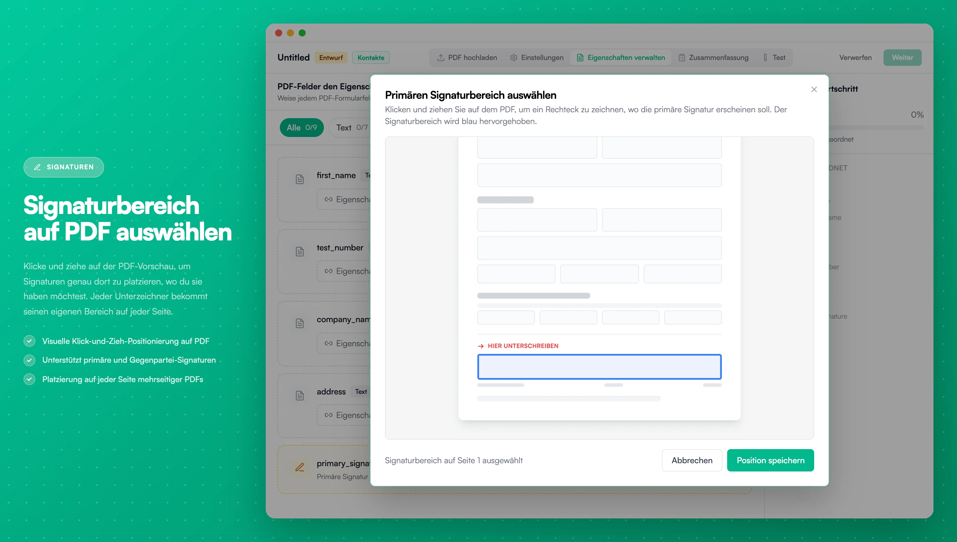 Signaturbereich auswählen - Klicken und ziehen zum Positionieren von Signaturen auf PDF
