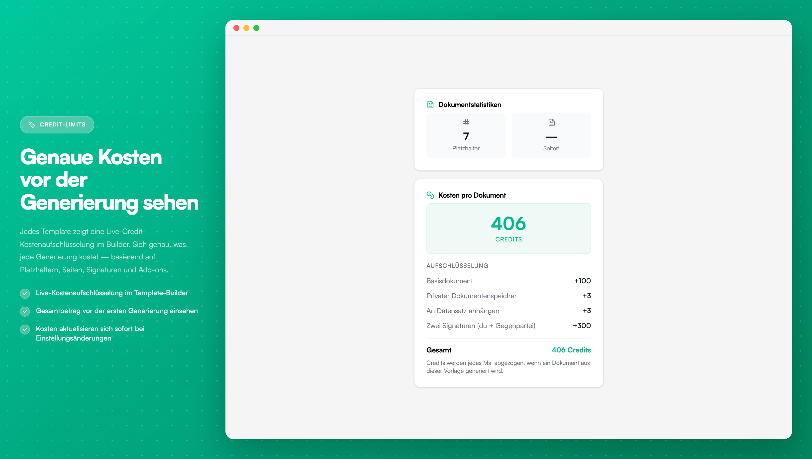Credit-Kostenzusammenfassung im Template-Builder