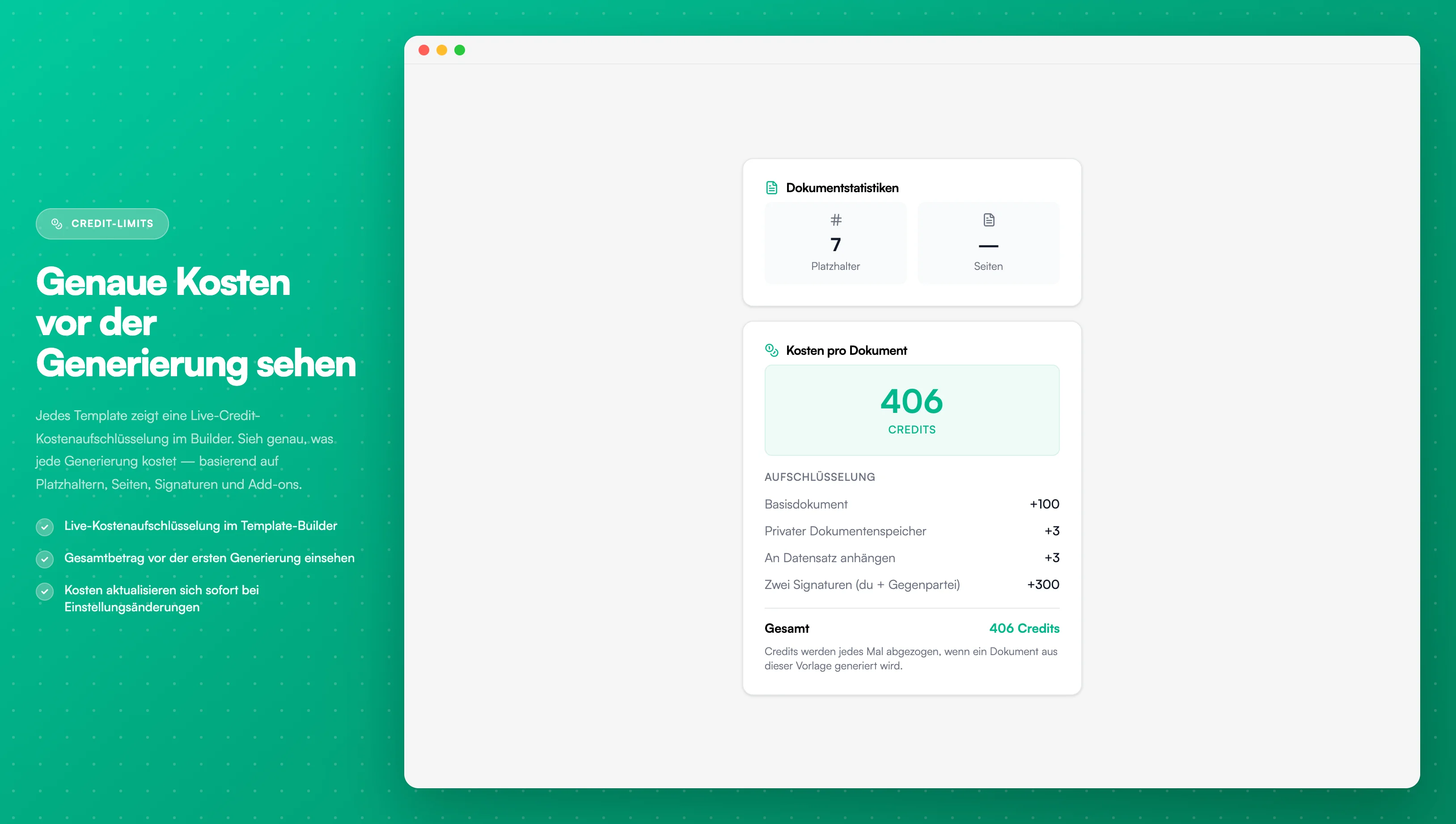 Credit-Kostenzusammenfassung im Template-Builder