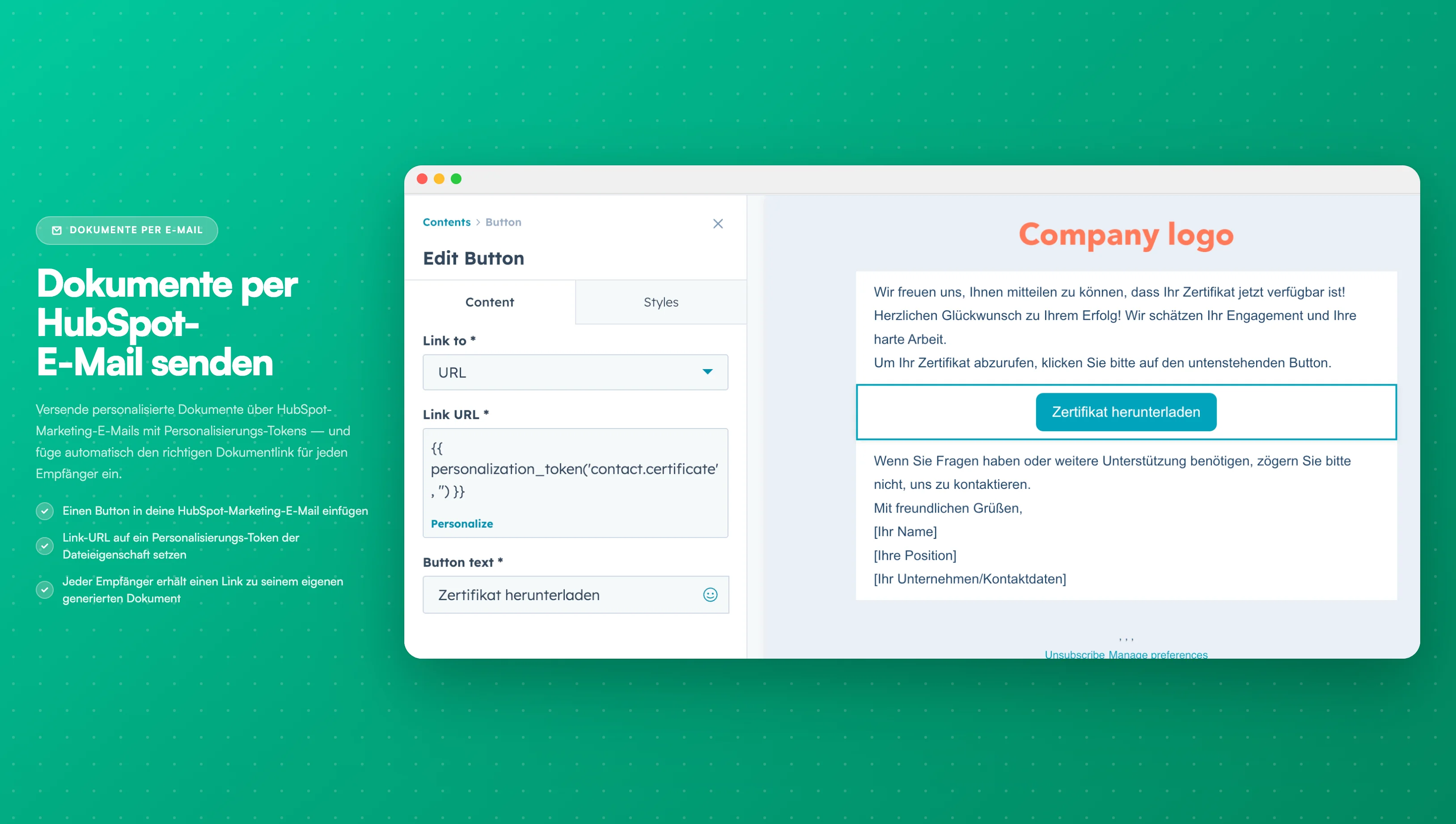 Eigenschafts-E-Mail - Button mit Personalisierungs-Token im HubSpot-E-Mail-Editor konfigurieren