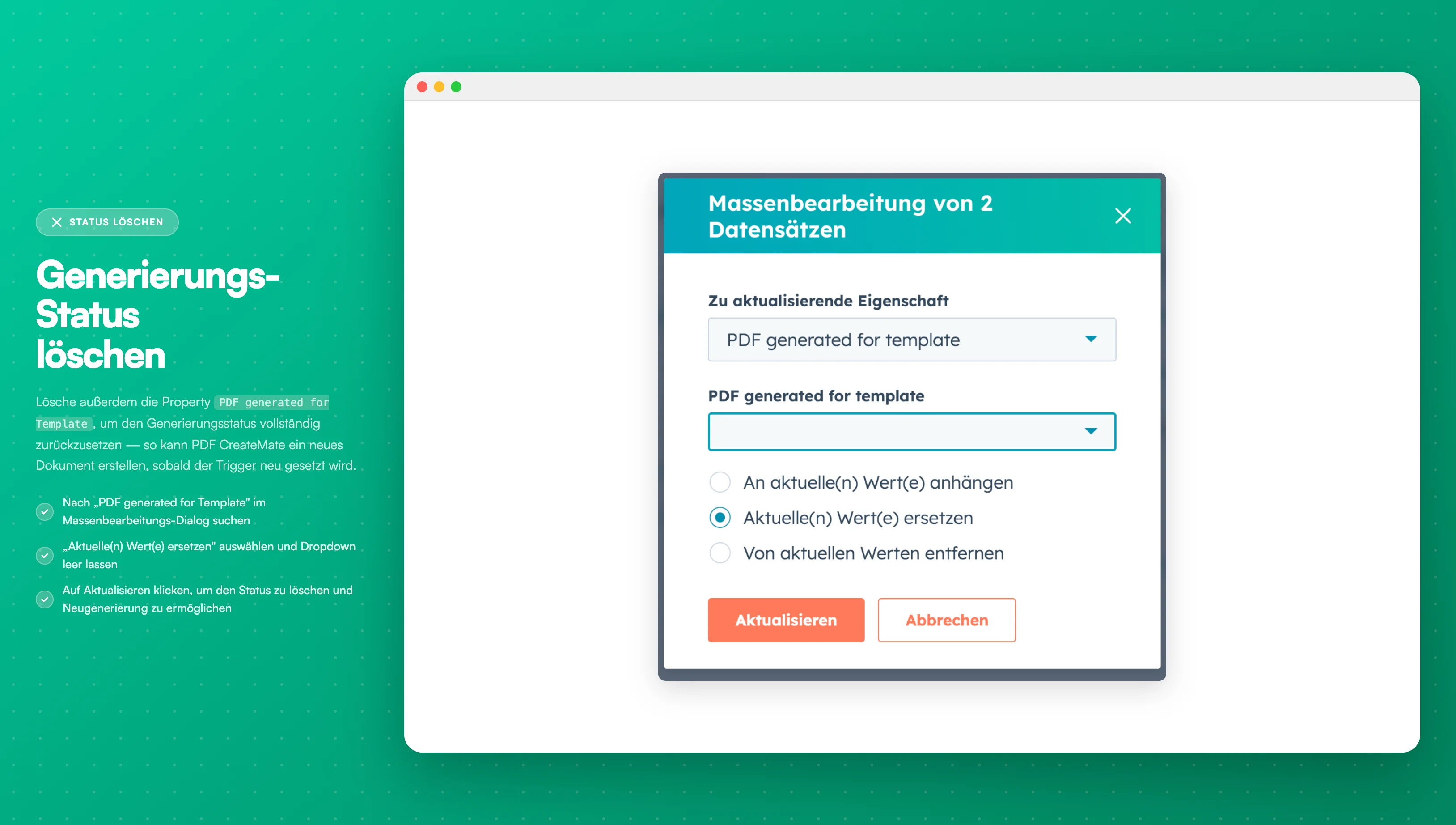 PDF generated for Template Property zurücksetzen - Löschen der Generierungsstatus-Property
