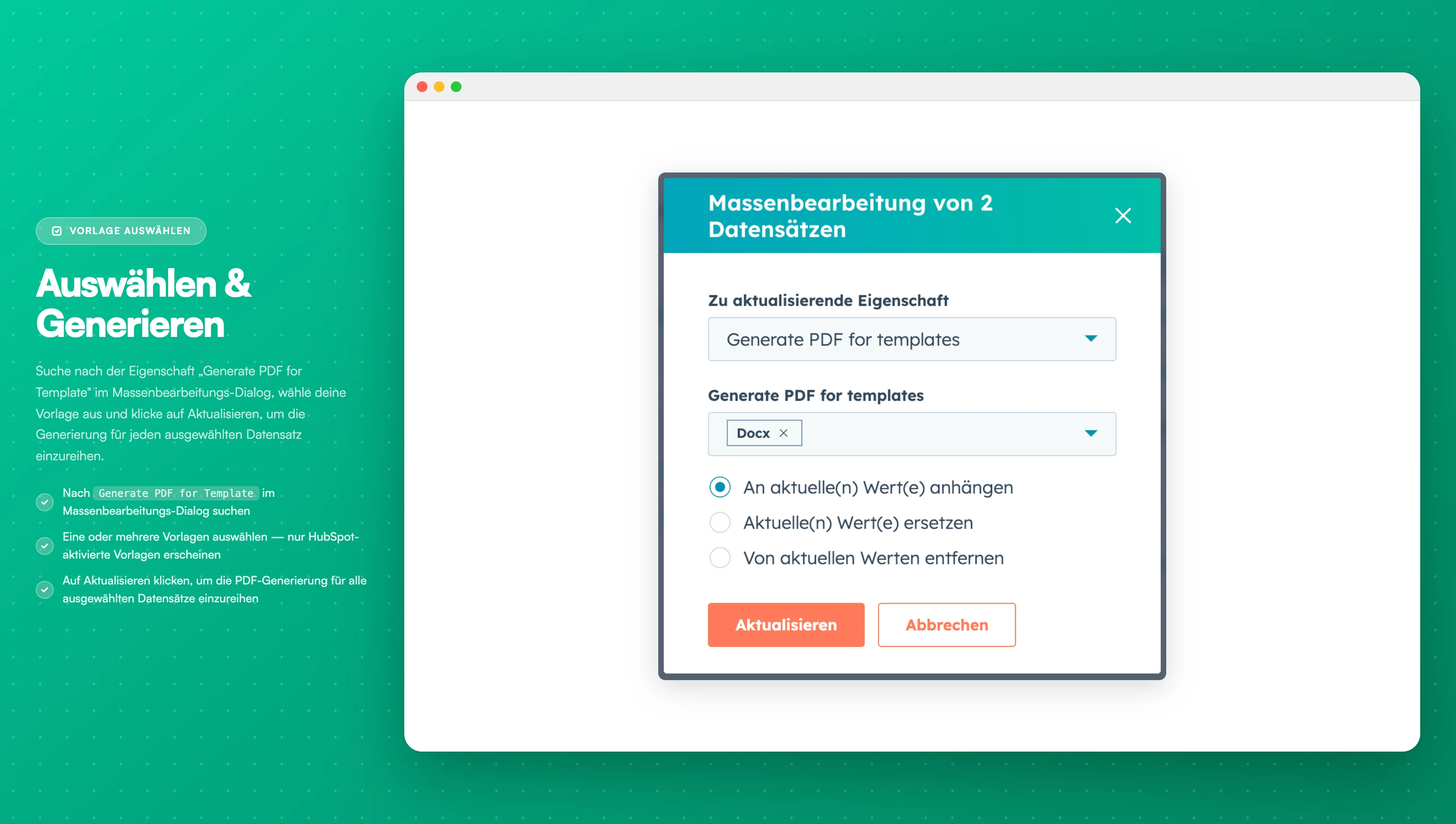 Generate PDF for Property setzen - Der Property-Editor mit Template-Auswahl-Dropdown
