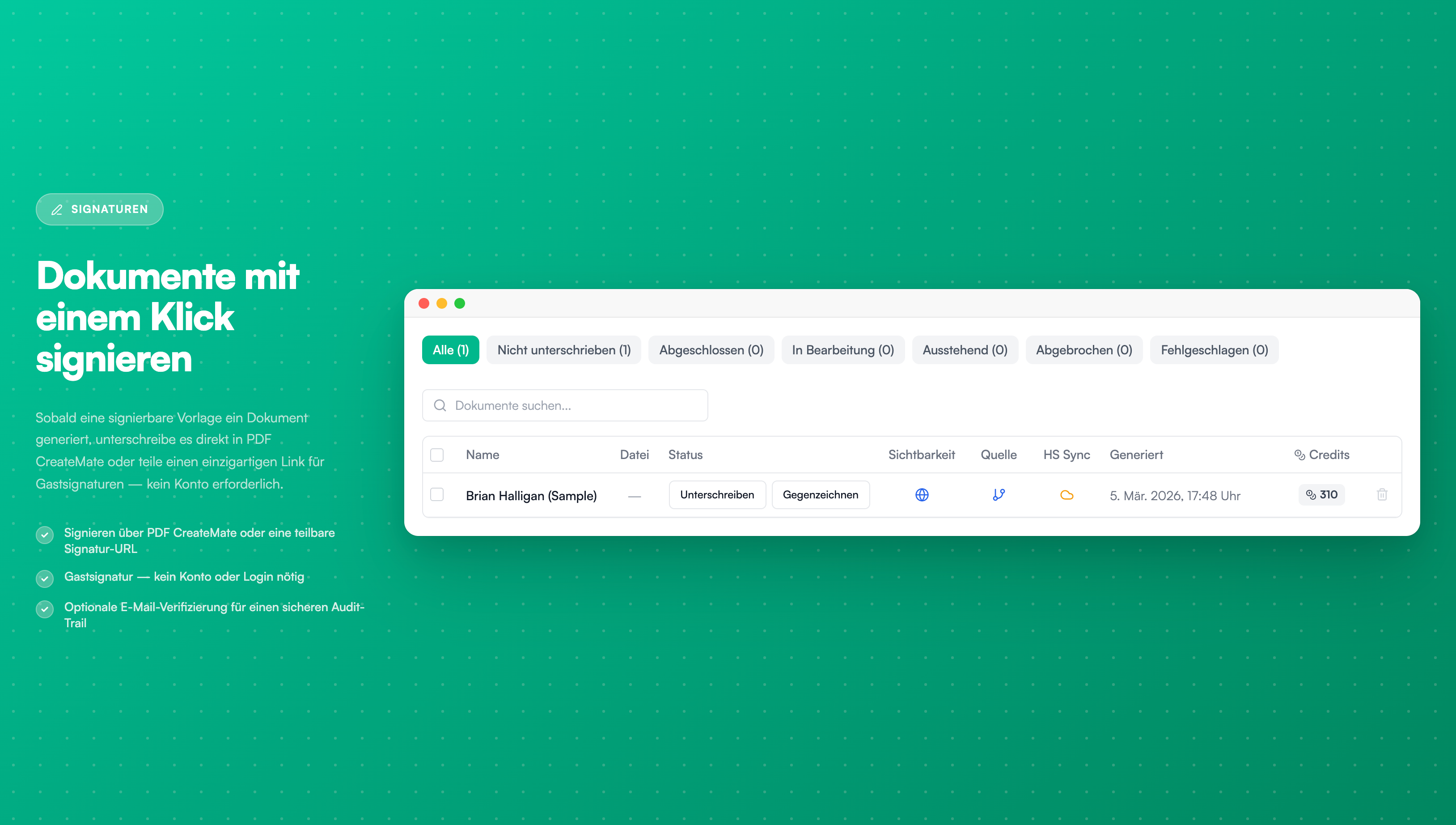 Gegenpartei-Signatur-Schaltfläche - Template-Detailbildschirm zeigt Signatur-Schaltflächen