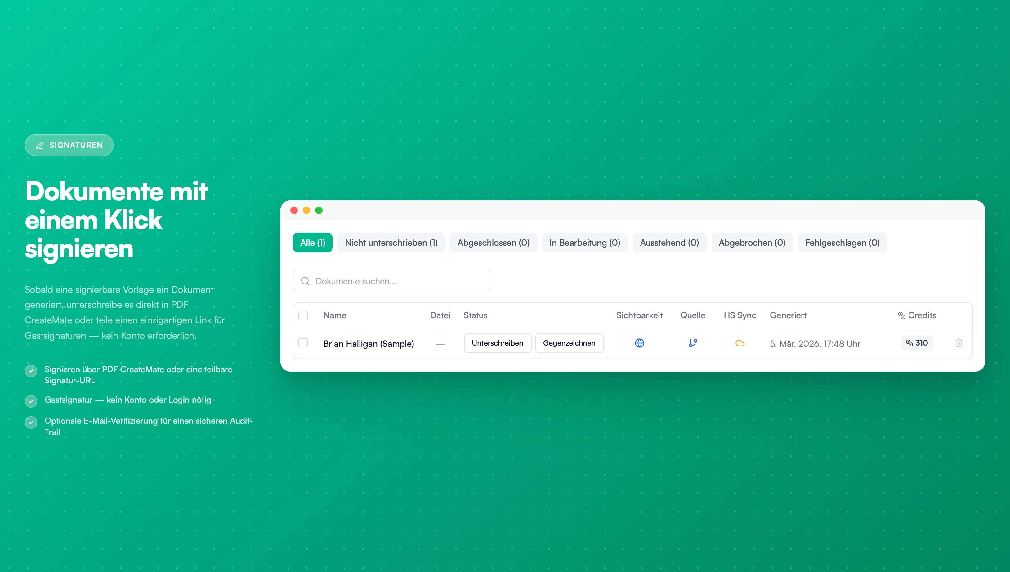 Gegenpartei-Signatur-Schaltfläche - Template-Detailbildschirm zeigt Signatur-Schaltflächen