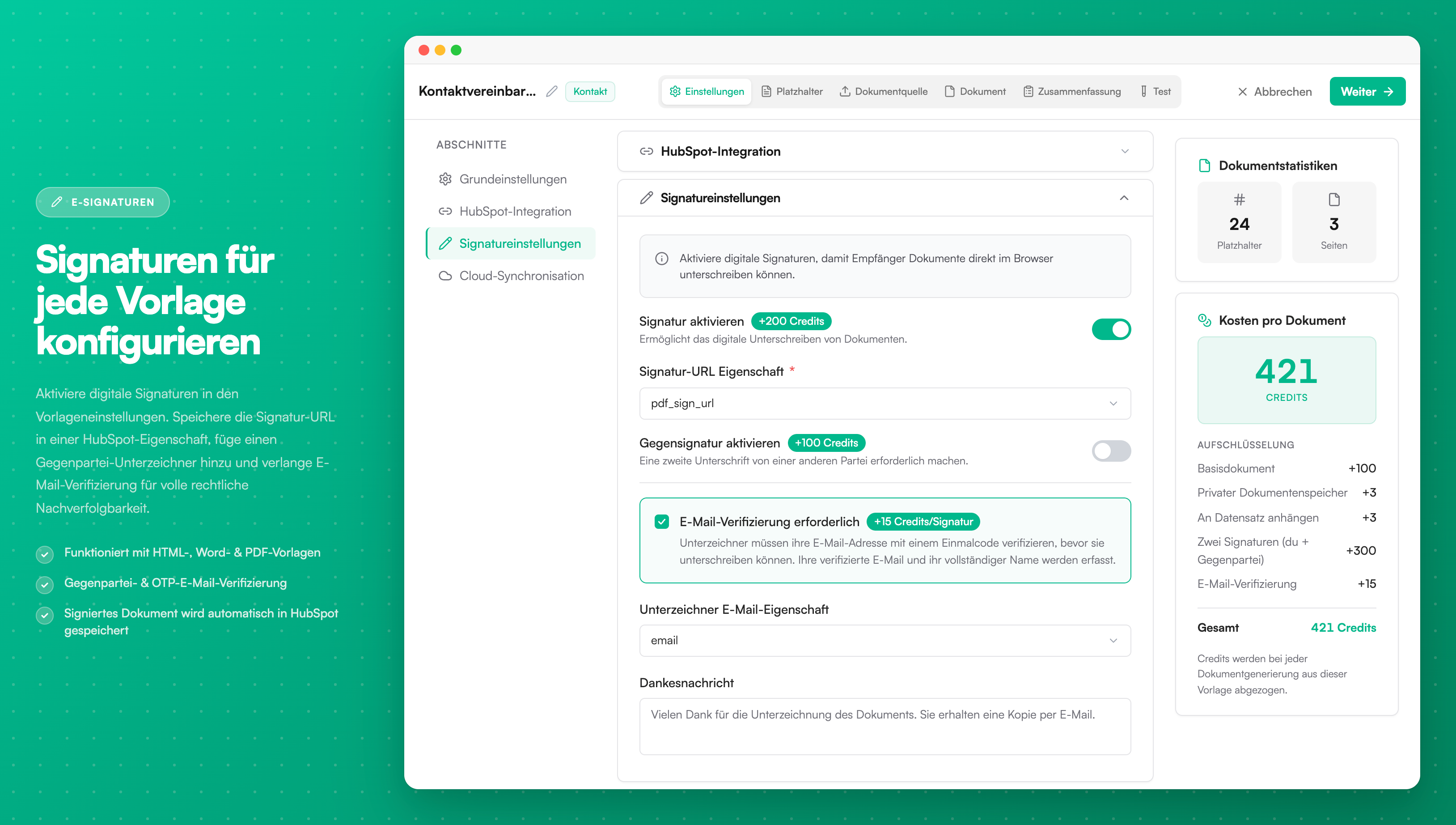 Gegenpartei-Template-Bearbeitung - Der Template-Konfigurationsbildschirm mit Signaturoptionen