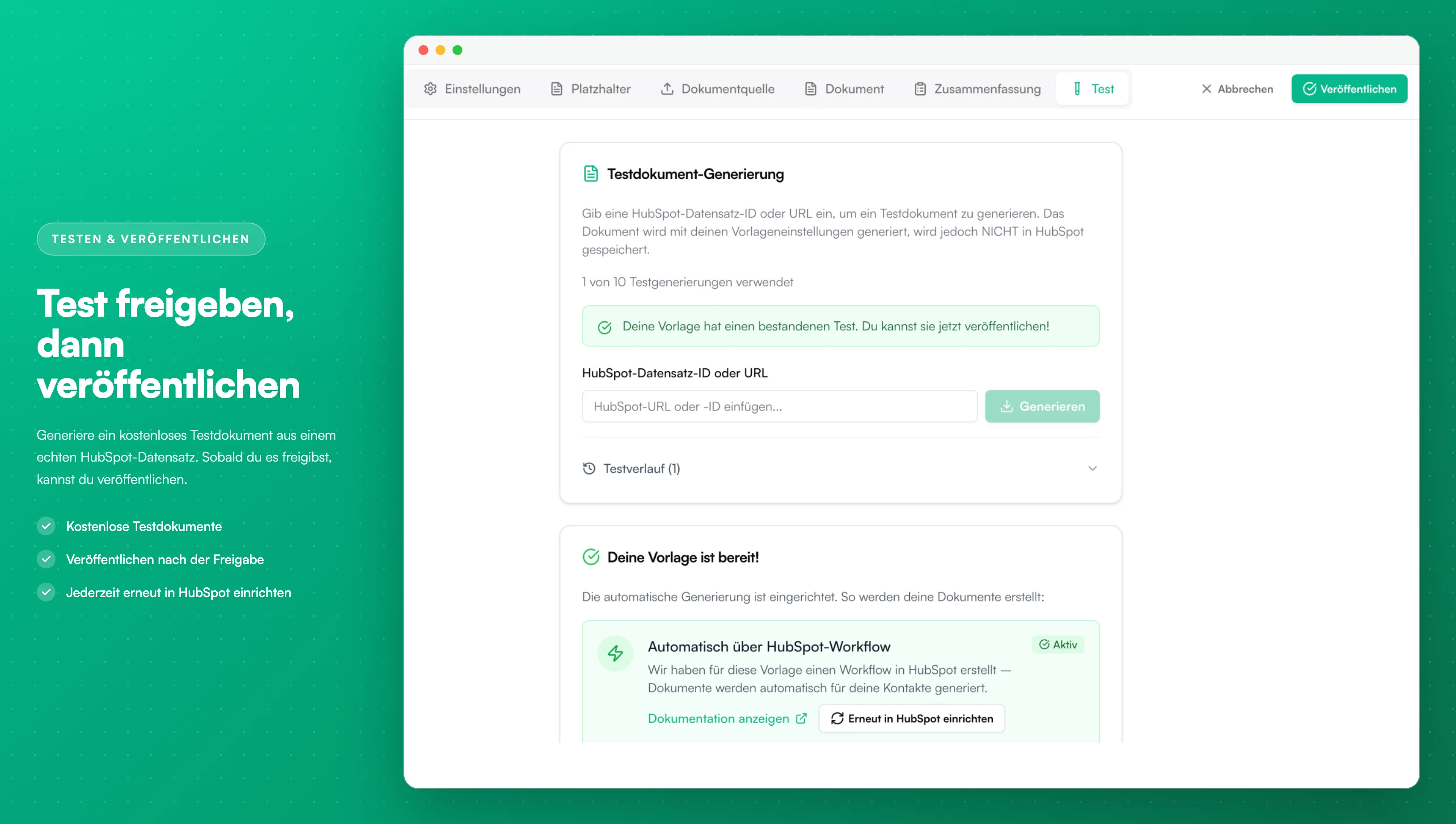 Schritt Test im Vorlagen-Builder - bestandener Test, Schaltfläche Veröffentlichen und Erneut in HubSpot einrichten