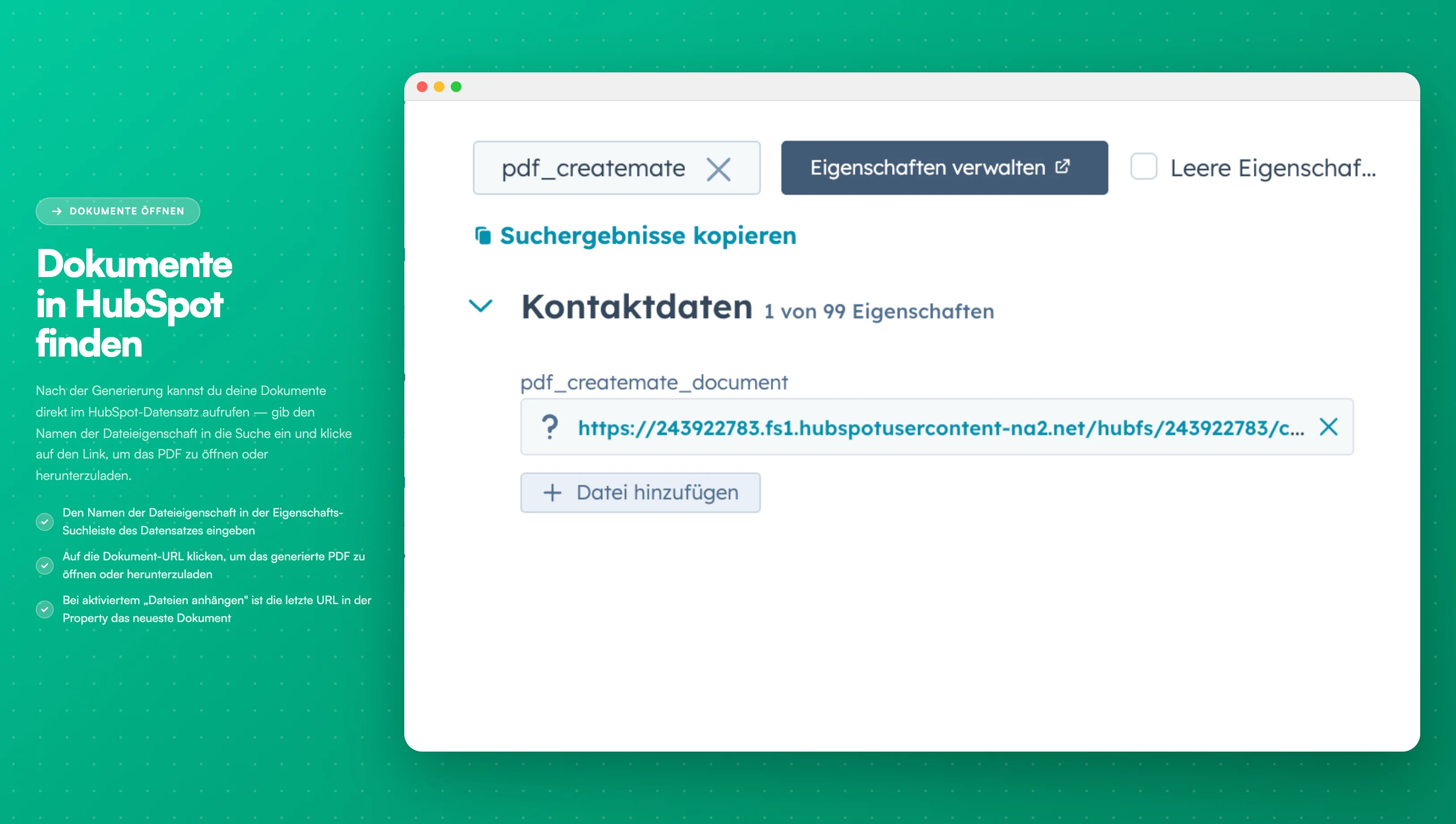 Navigation zum Eigenschaftswert - Das generierte Dokument im Kontaktdatensatz finden