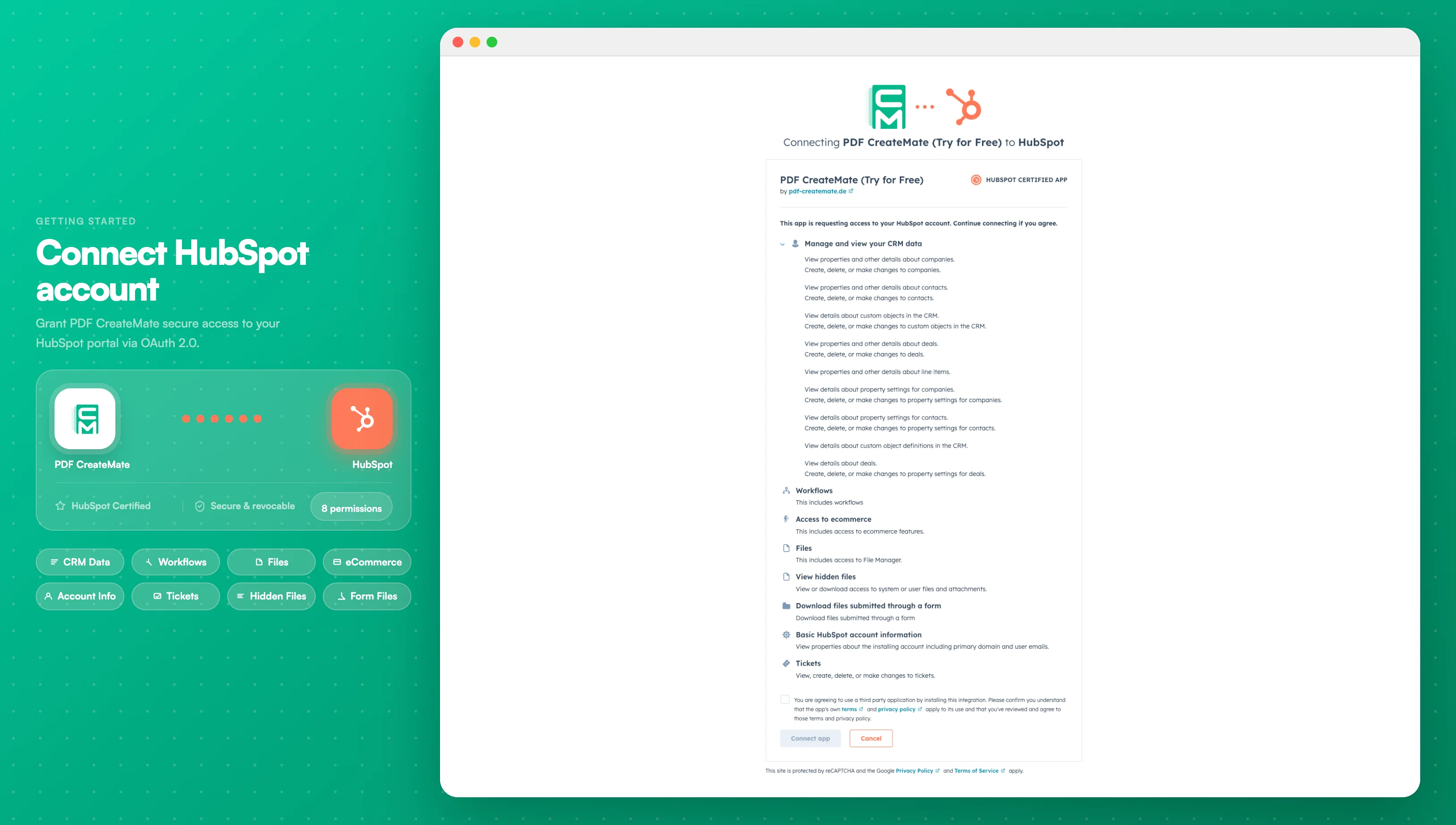 Connect HubSpot App - The authorization screen in HubSpot showing the list of permissions PDF CreateMate requires
