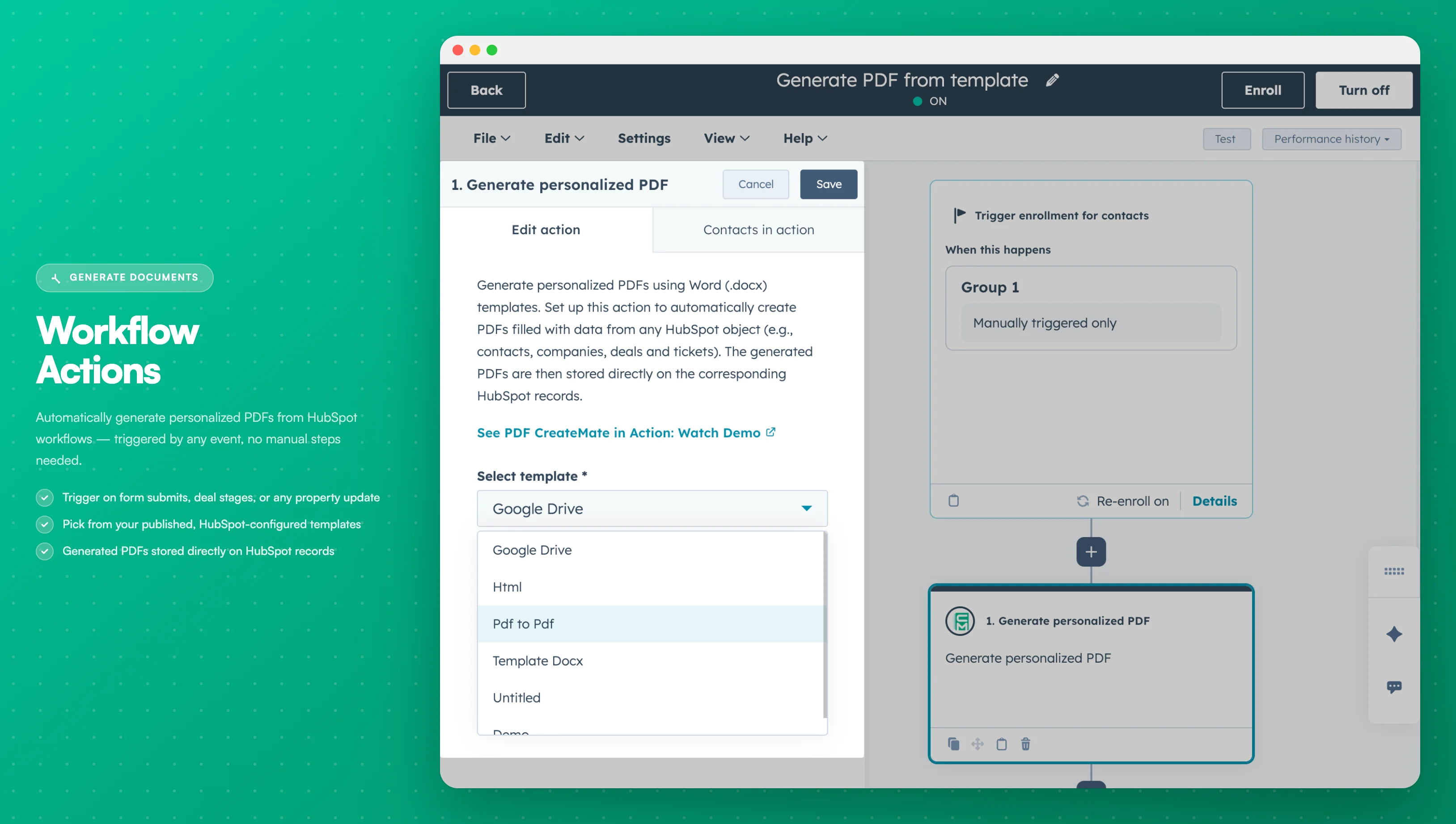 Custom Workflow Actions - HubSpot workflow editor showing PDF CreateMate action options