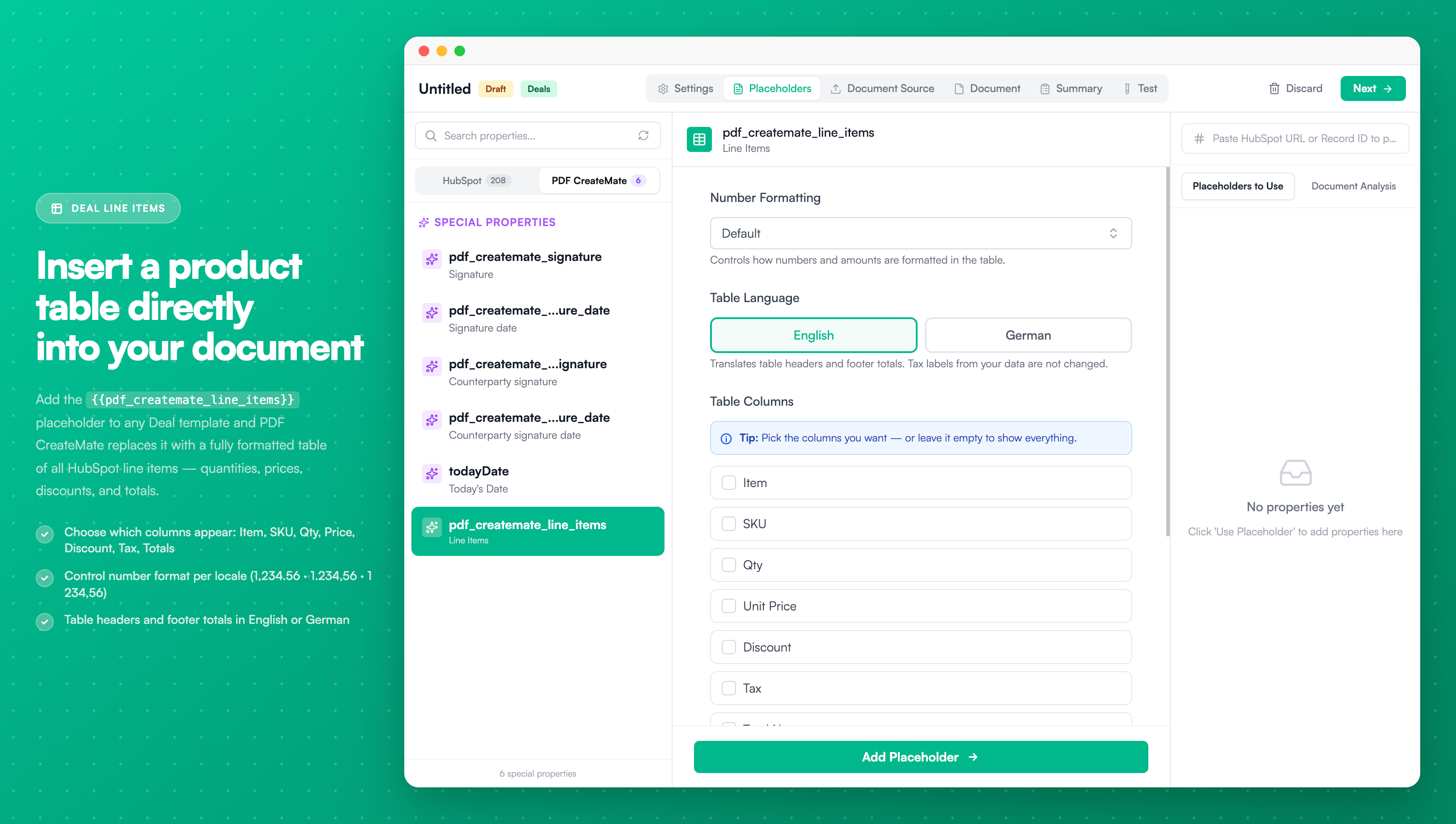 Deal Line Items - Configure line item tables in your templates