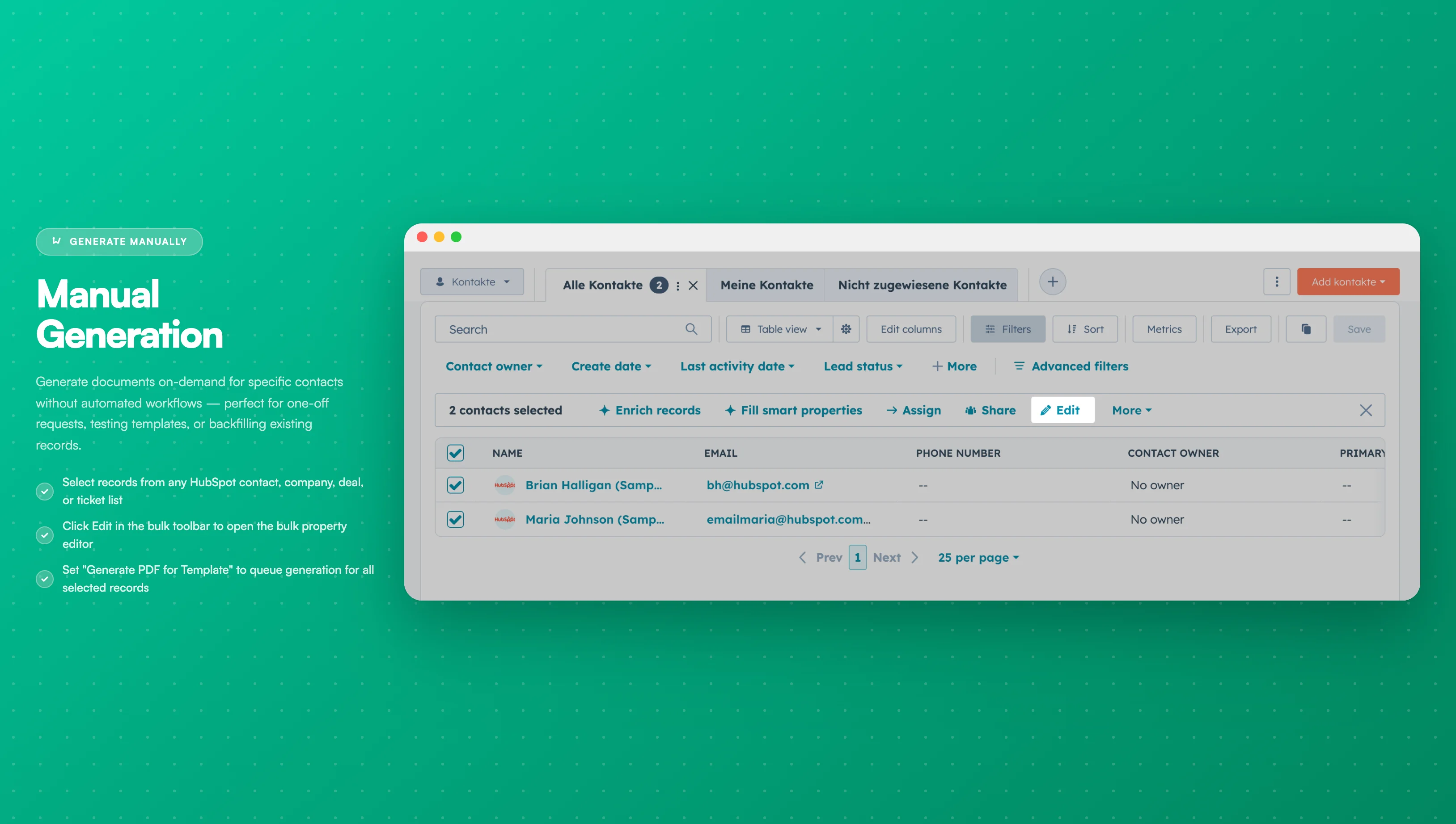 Edit Multiple Contact - The HubSpot contact list with multiple contacts selected