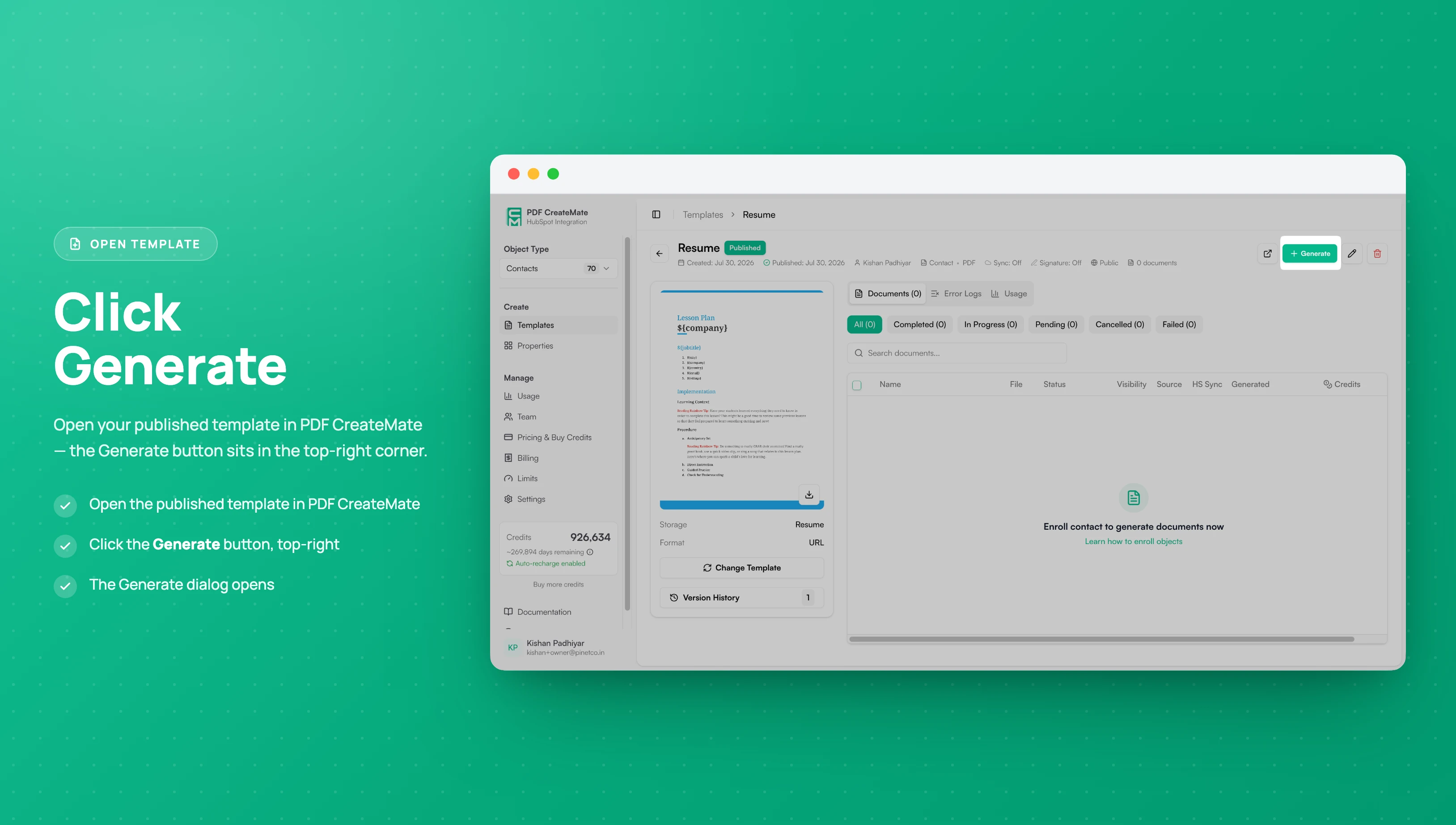 The Generate button on the template page