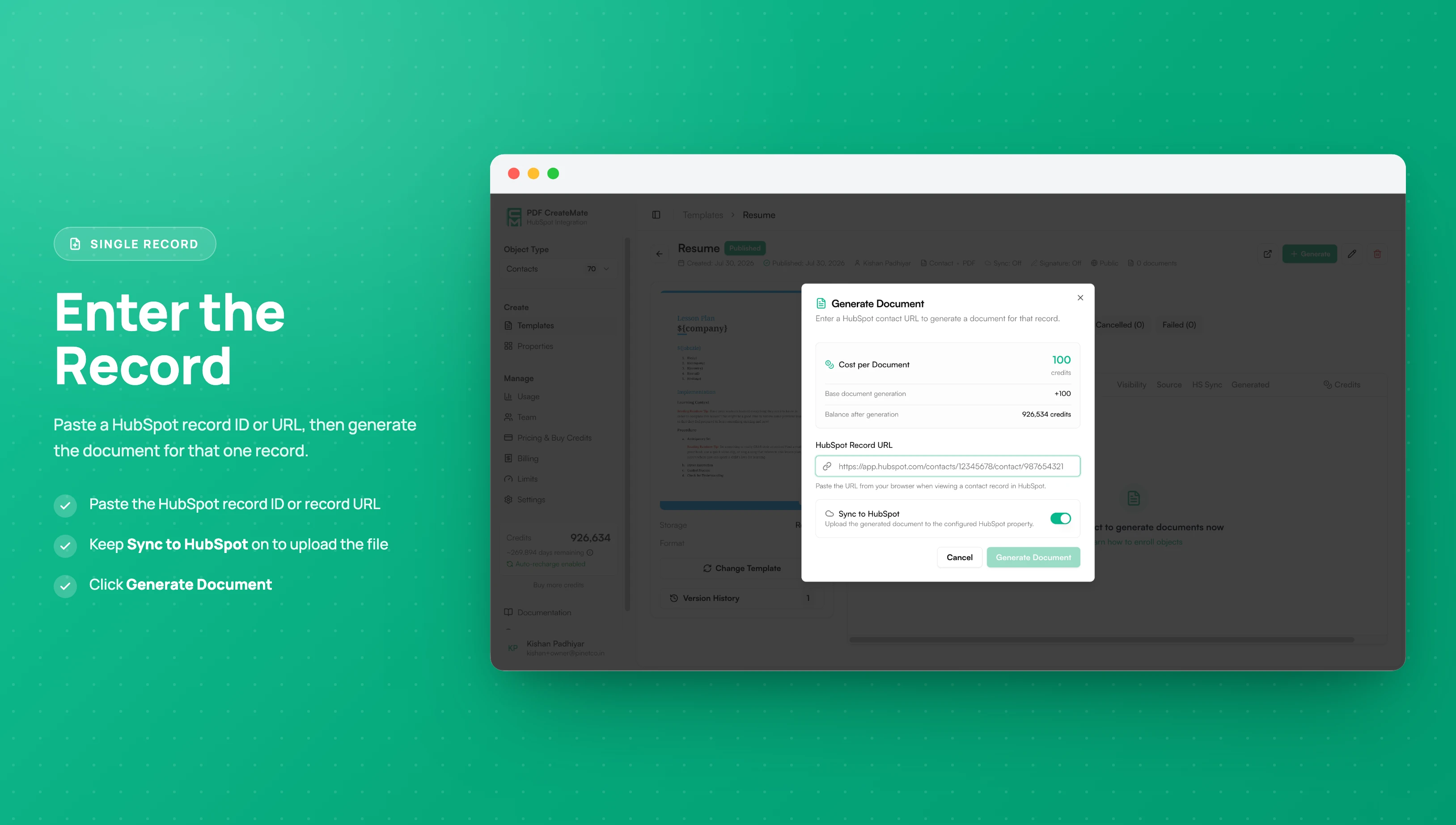 The Generate Document dialog with the record ID/URL field