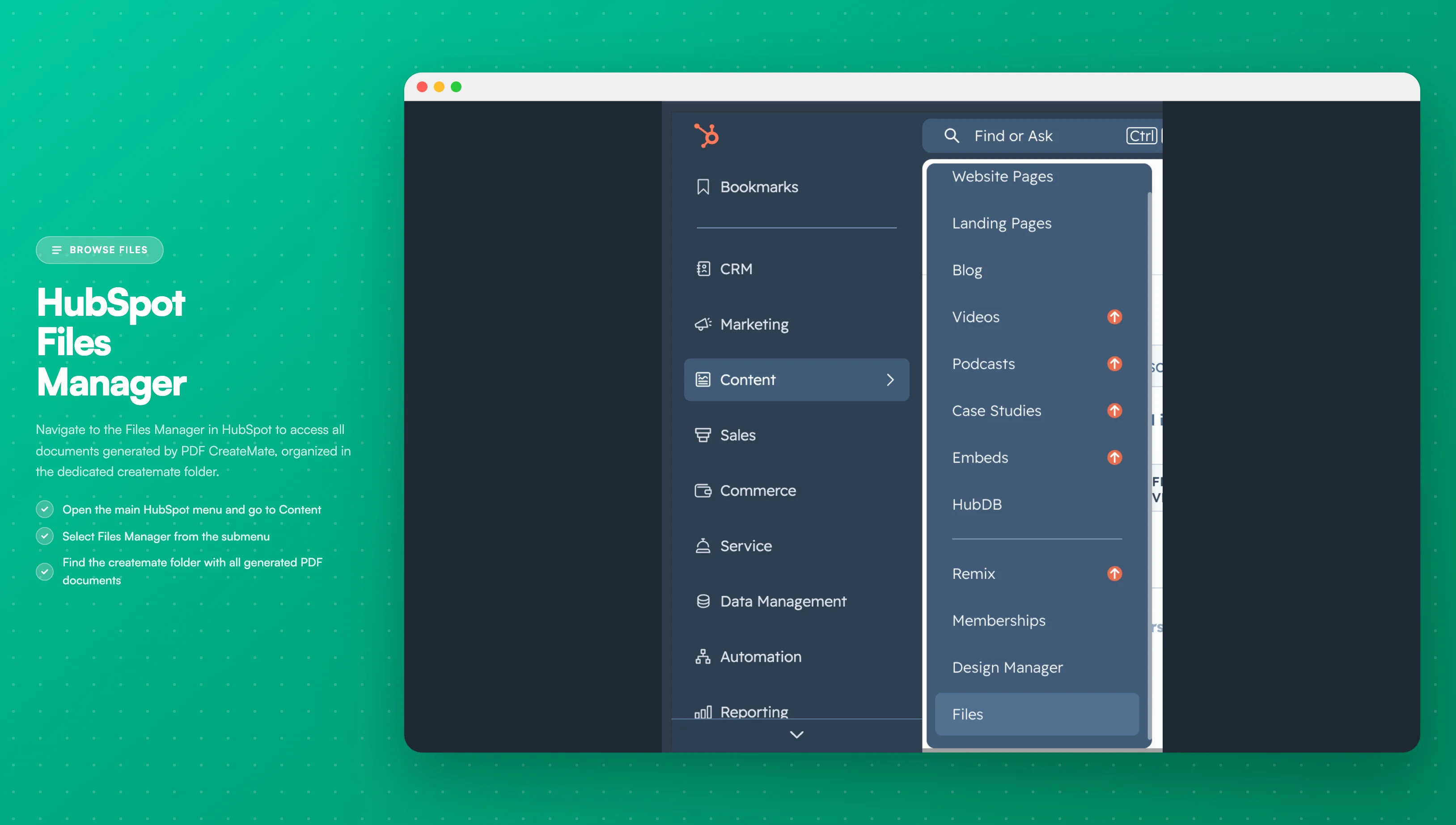 HubSpot File Navigation - The HubSpot main menu with Files option