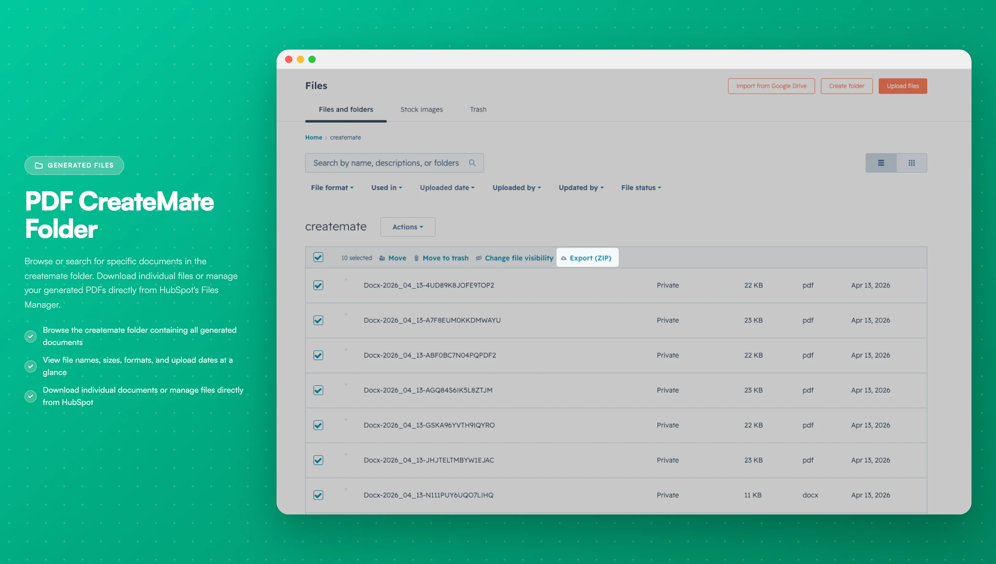HubSpot File View - The files manager showing generated documents