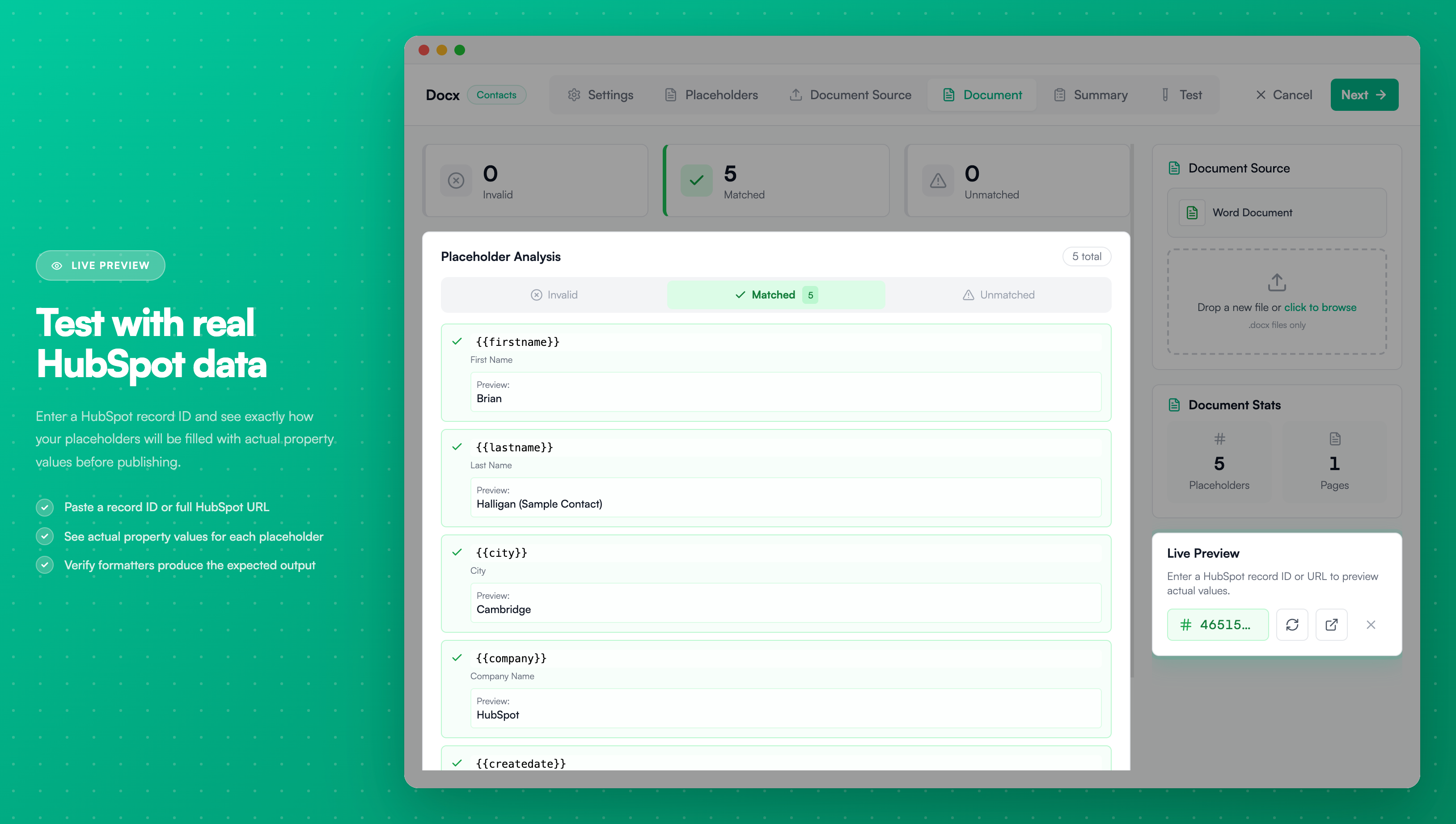 Live Preview - Test placeholders with real HubSpot data