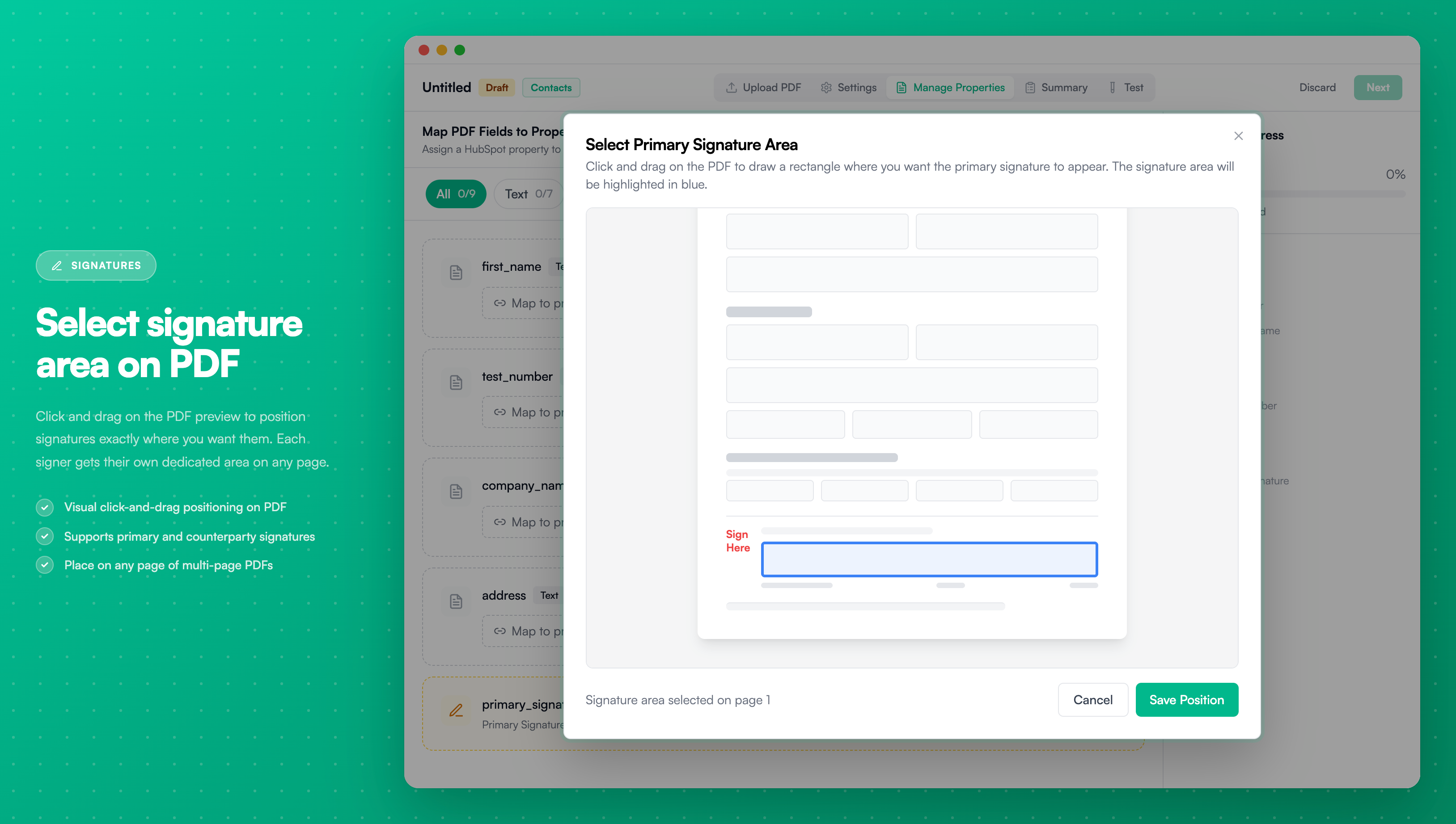 Select Signature Area - Click and drag to position signatures on PDF