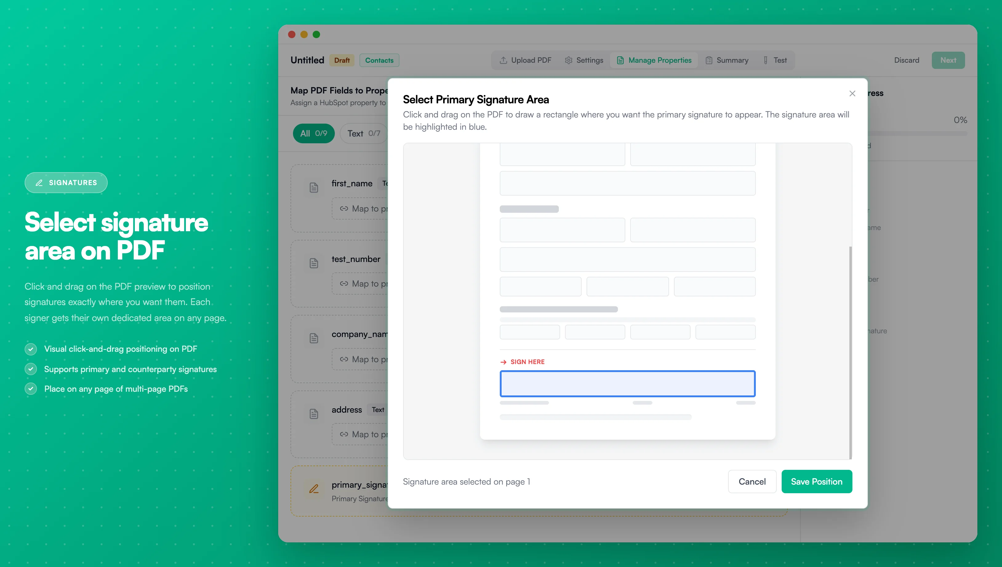 Select Signature Area - Click and drag to position signatures on PDF