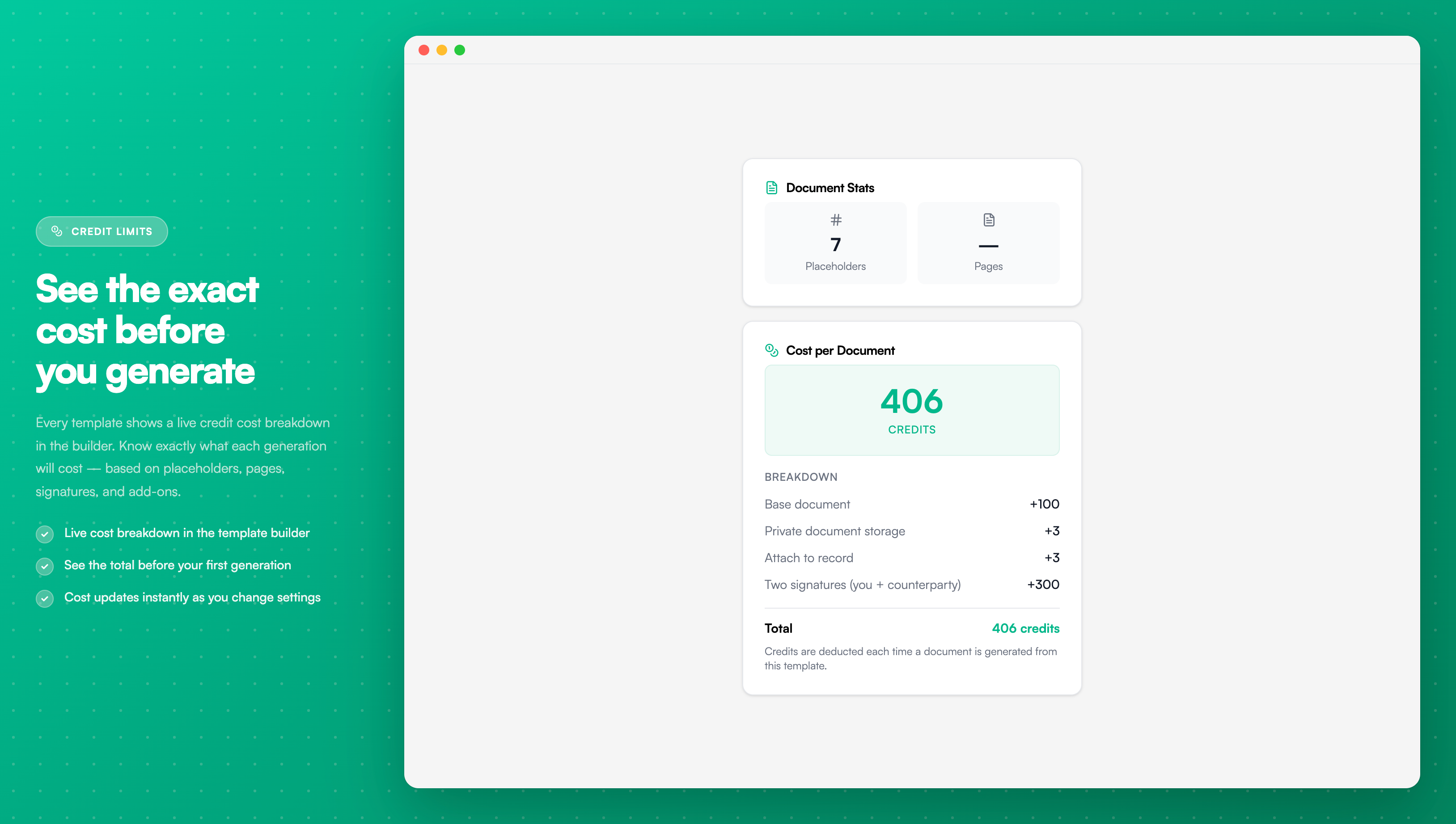 Credit cost summary in template builder
