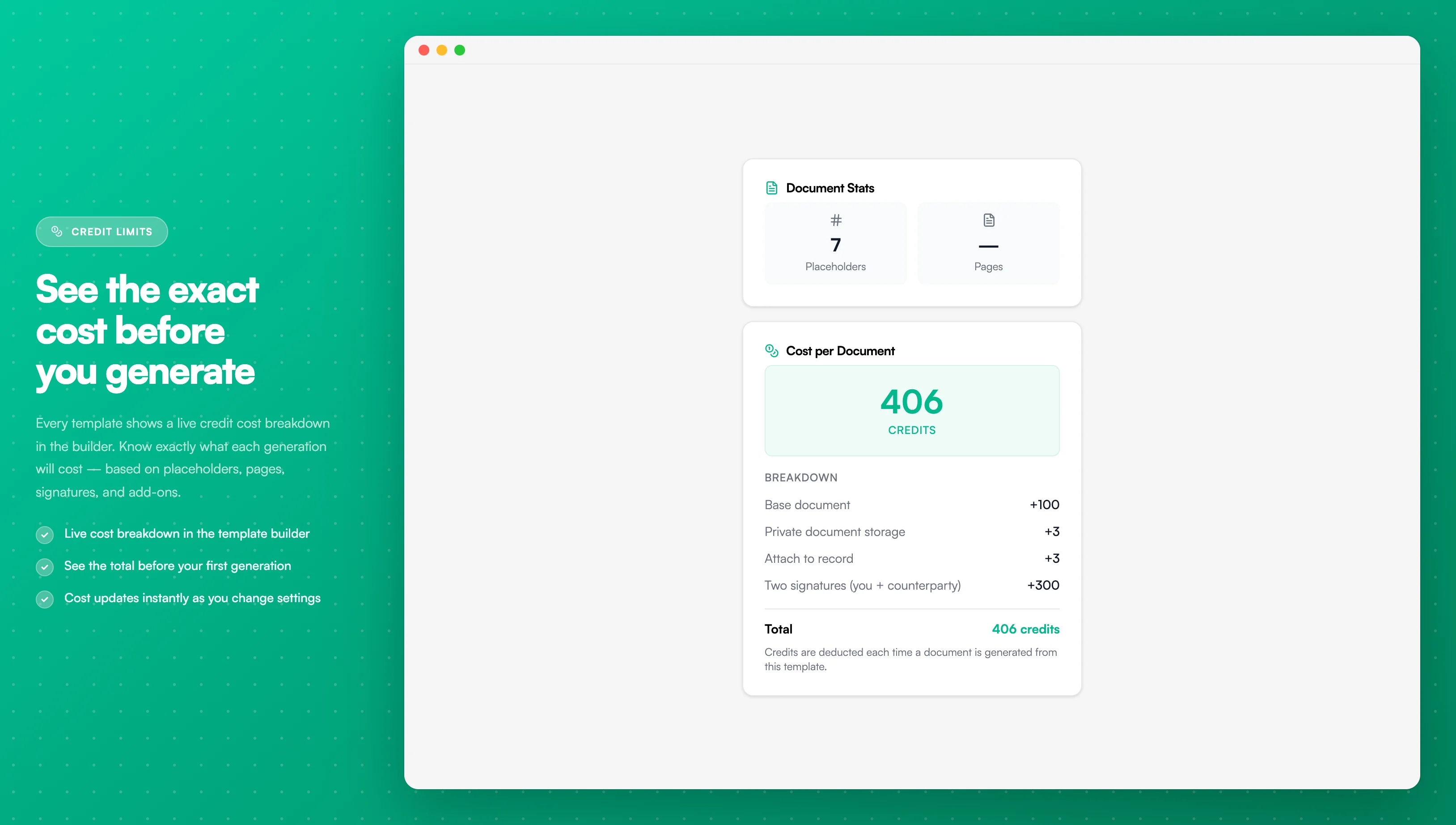 Credit cost summary in template builder