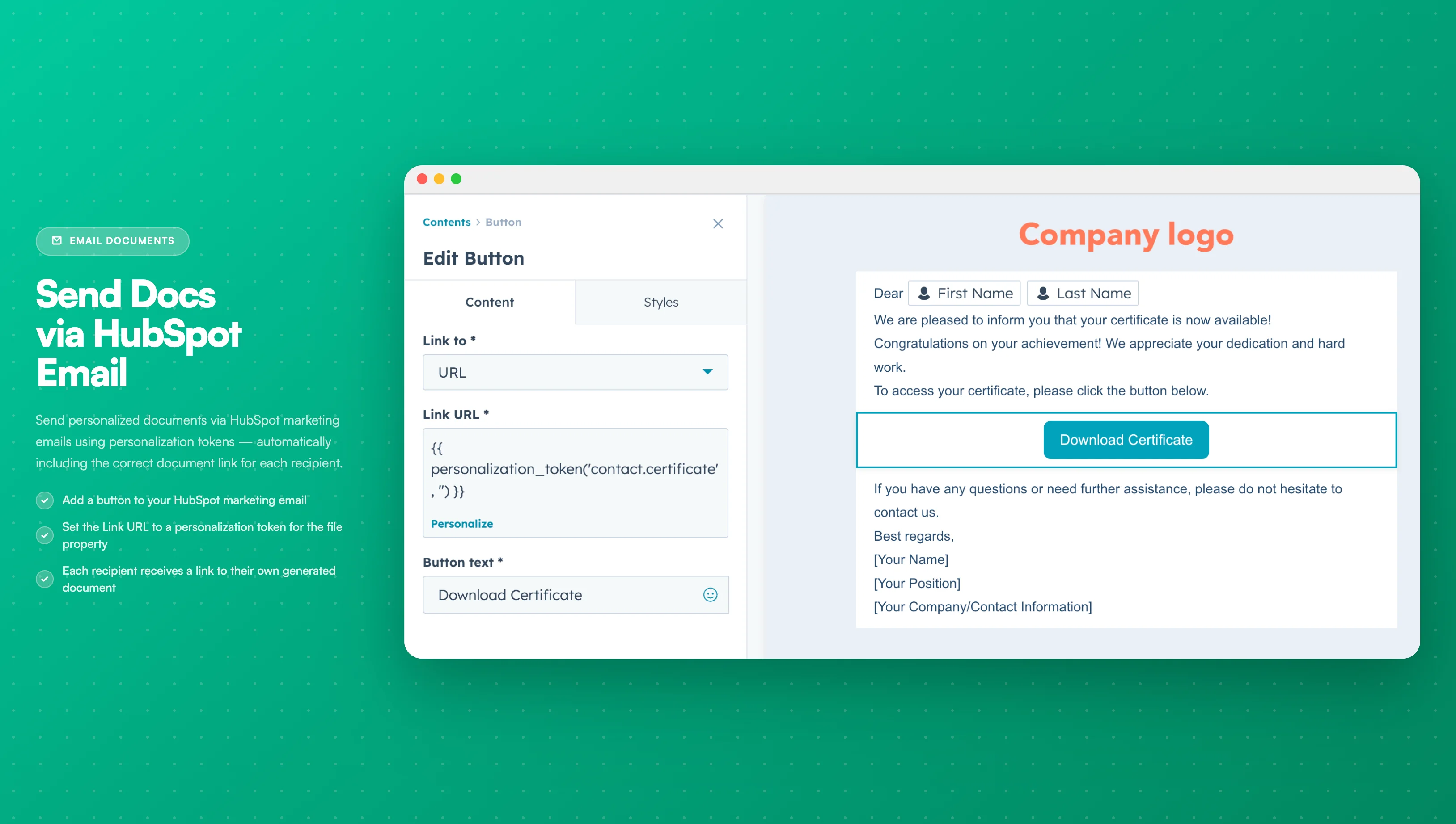Property Emailing - Configuring a button with personalization token in HubSpot email editor