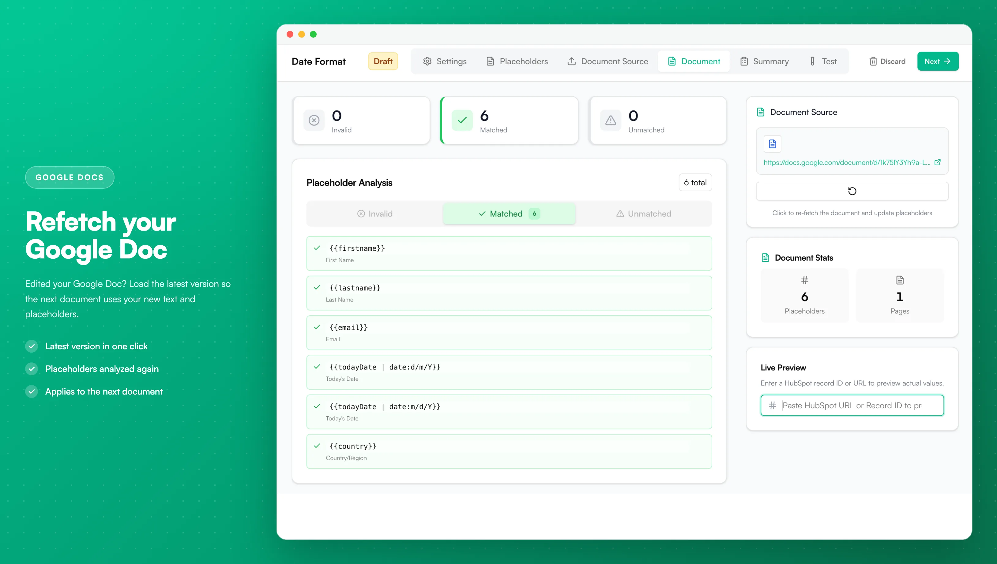Document step - the Document Source card with the refetch button for a Google Docs template