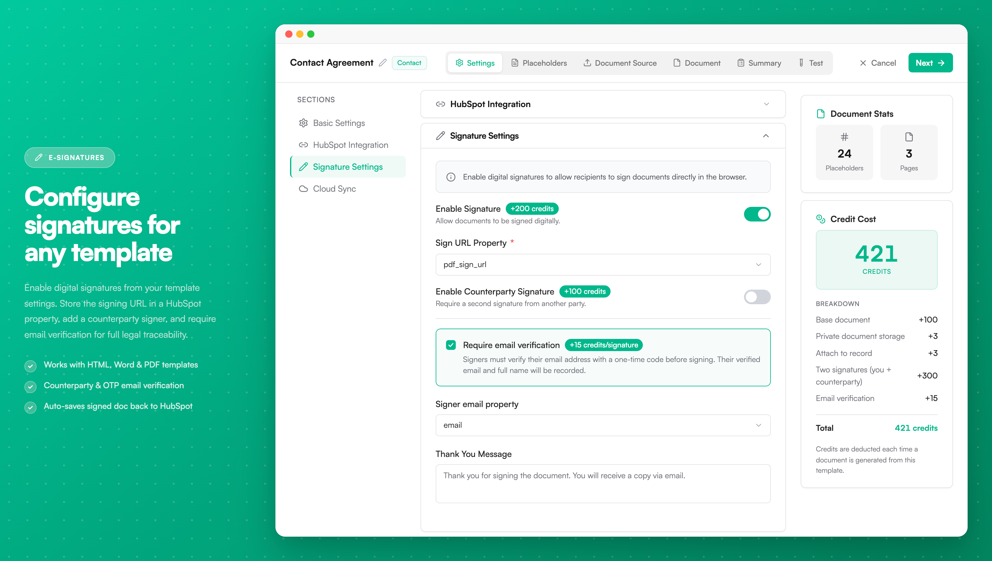 Counterparty Template Edit - The template configuration screen with signature options