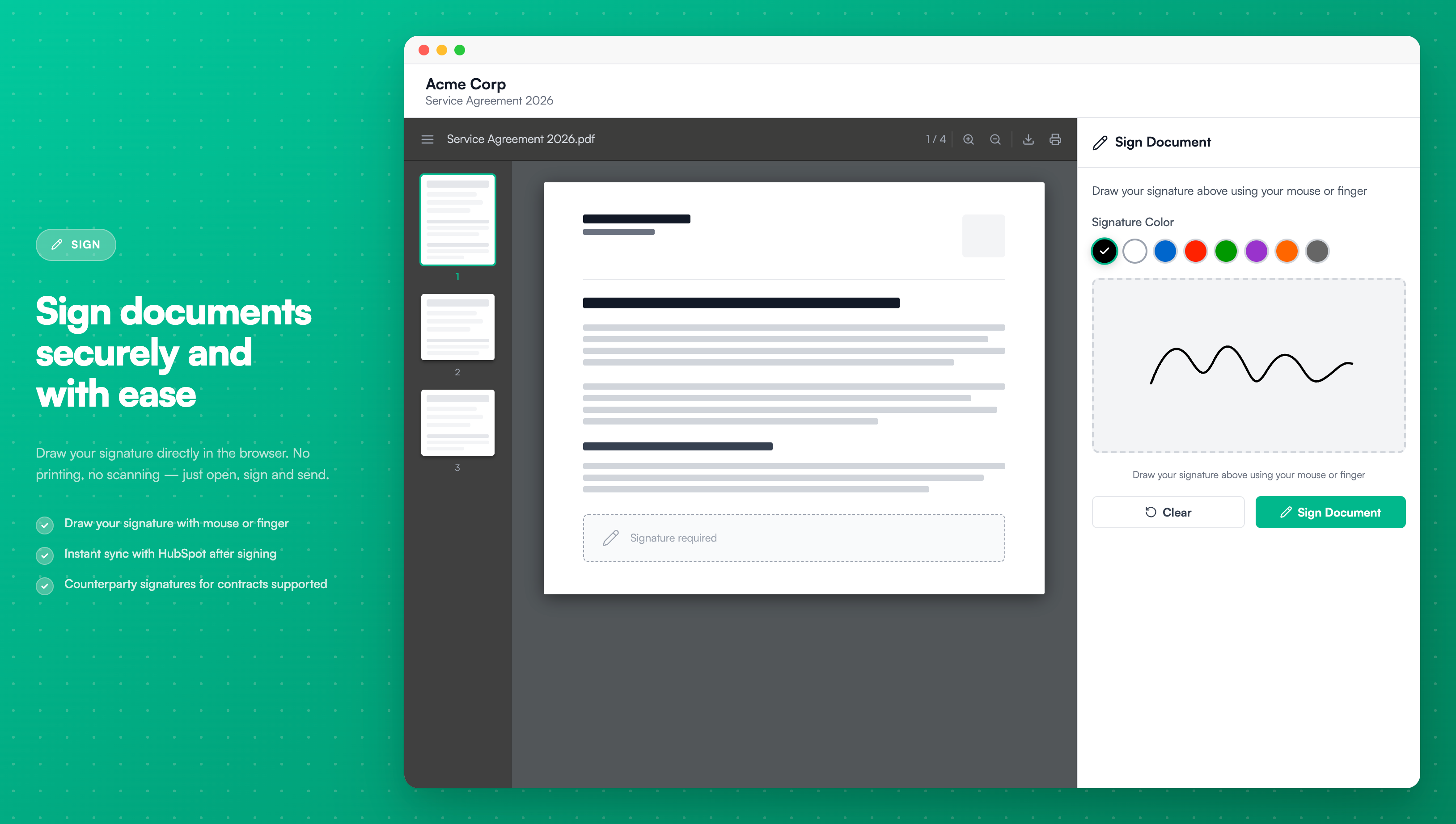 Signature Page - The document signing interface