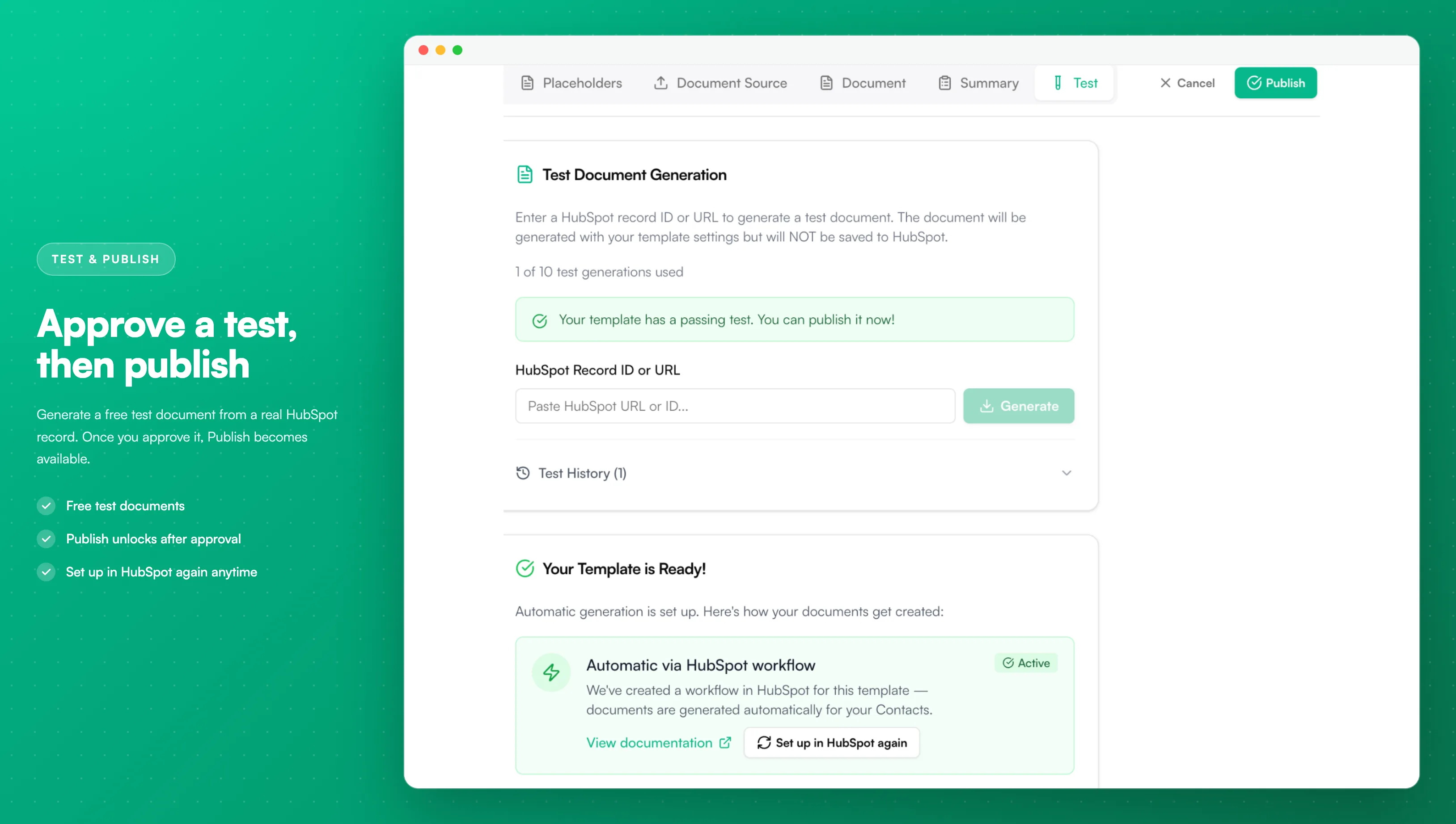 Template Builder Test step - a passing test, the Publish button and the Set up in HubSpot again button