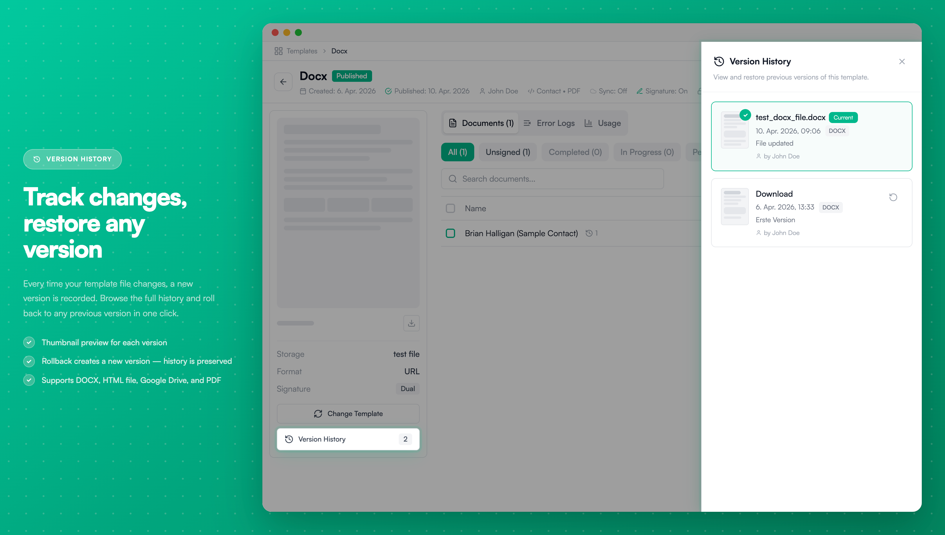 Version History - View and restore previous template versions