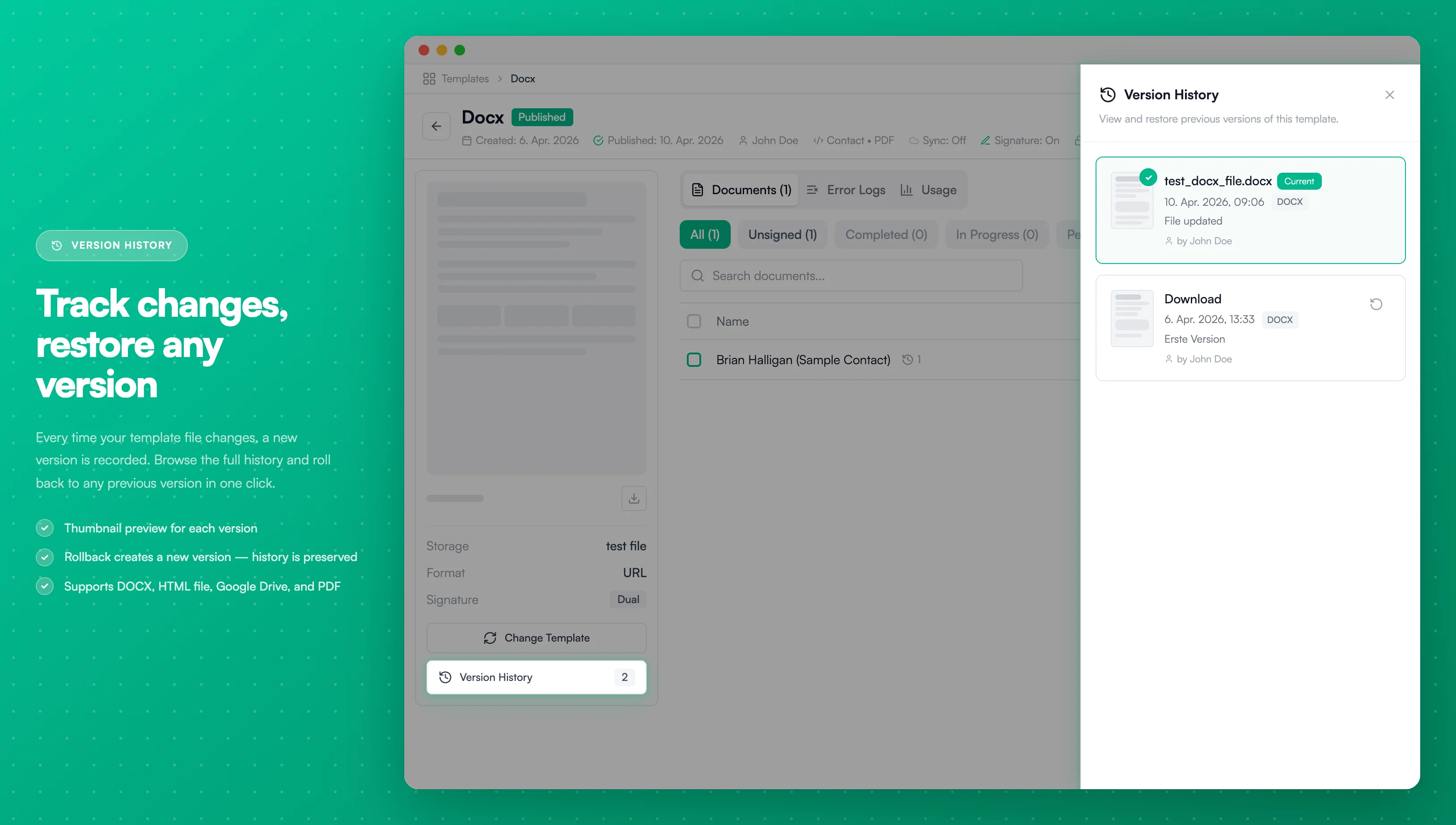 Version History - View and restore previous template versions